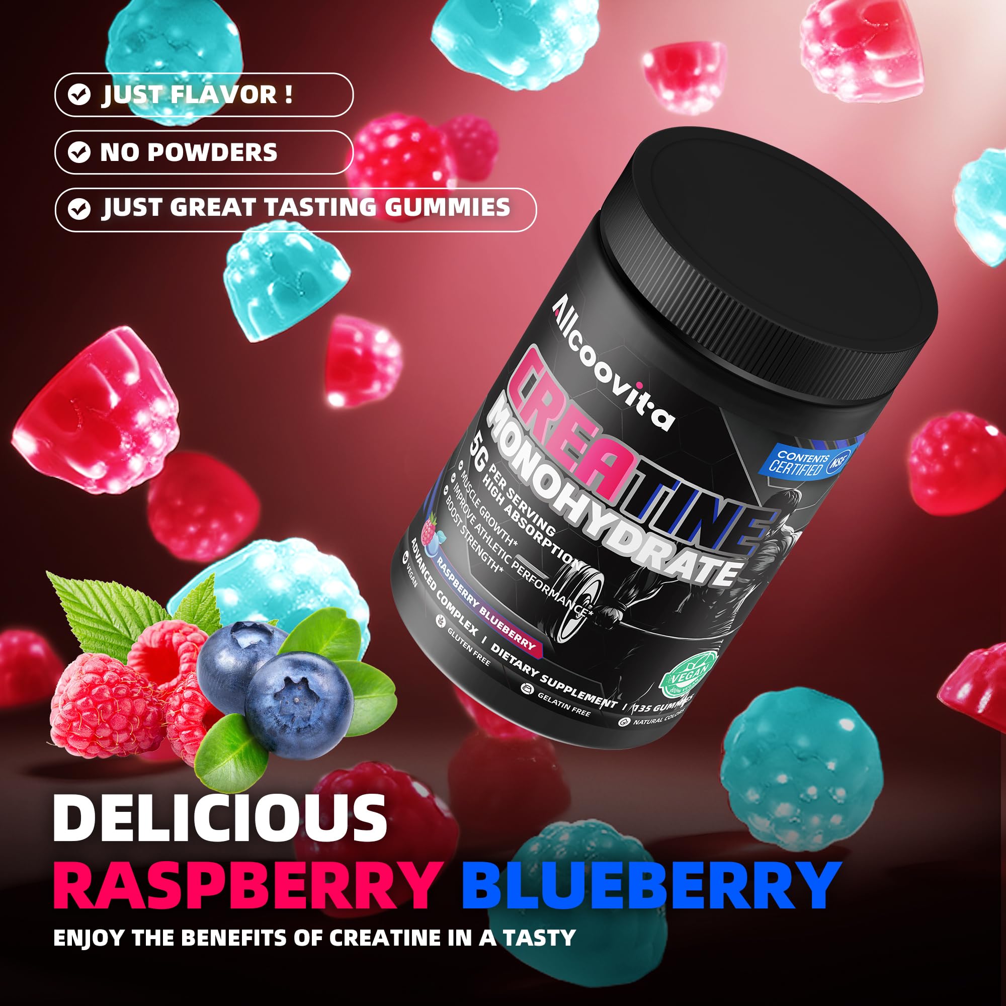 NSF Certified Creatine Gummy 5g - Creatine Monohydrate Gummies for Men & Women. Boost Focus,Strength, and Endurance, Anti-Melting Formula, Vegan, Gluten-Free, Non-GMO,(Raspberry & Blueberry 135 ct) Allcoovita Au supplements