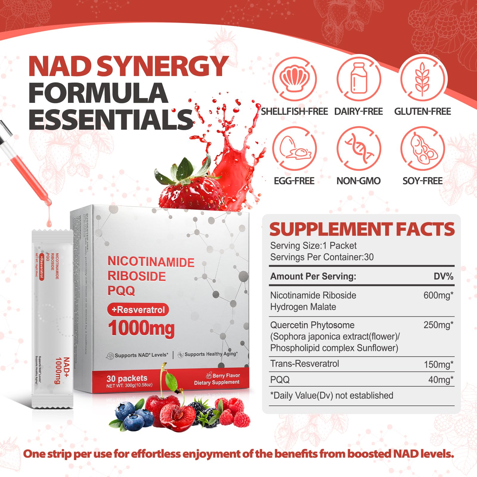 Zooone NAD+ Liquid Supplement 1000mg, Nicotinamide Riboside & Resveratrol, Extra Strength Berry Flavor Drink Mix for Energy, Focus & Anti-Aging -30 Pack Zooone Au supplements