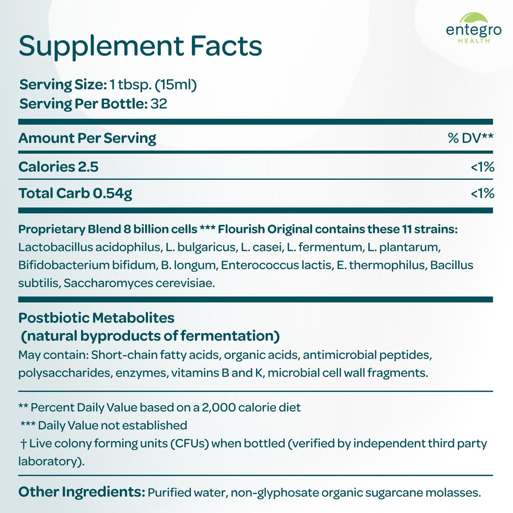 ENTEGRO Flourish Original Liquid Probiotic & Postbiotic Supplement - Glass | 11 Live Cultures | Gut & Digestive Health for Women, Men & Kids | Organic, Vegan