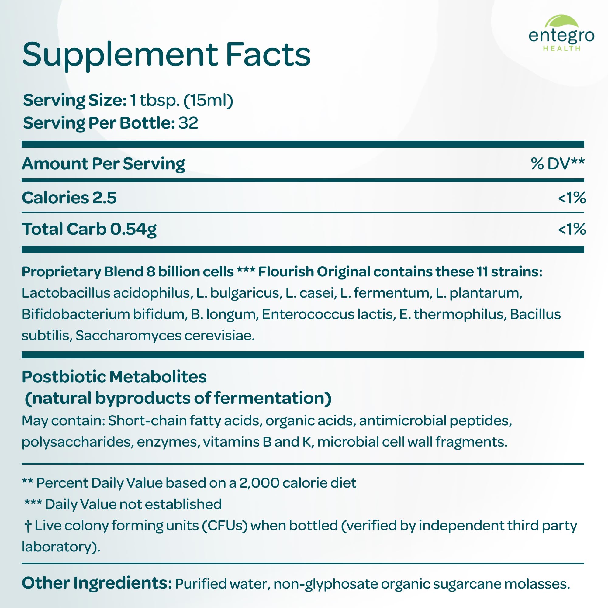 ENTEGRO Flourish Original Liquid Probiotic & Postbiotic Supplement - Glass | 11 Live Cultures | Gut & Digestive Health for Women, Men & Kids | Organic, Vegan
