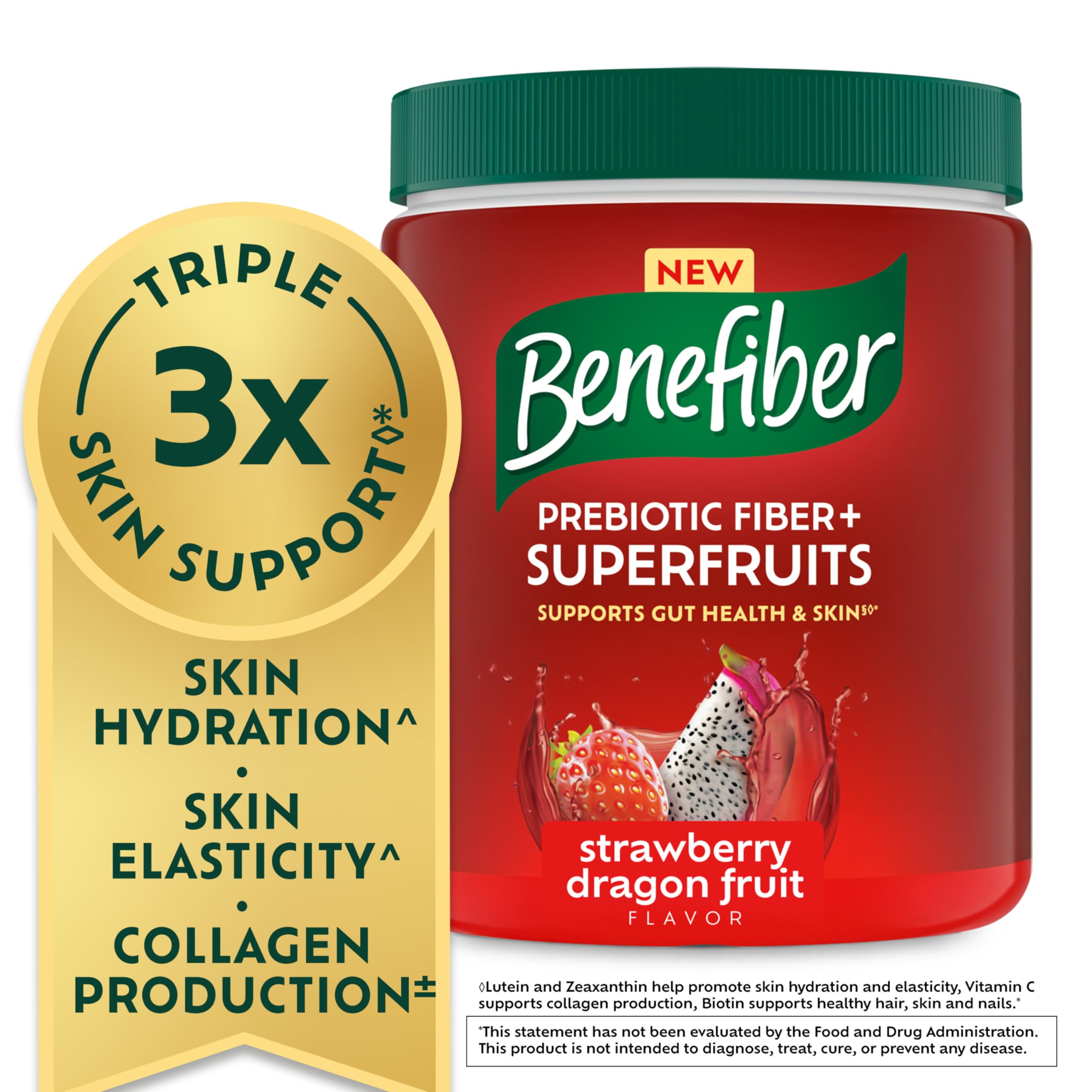 Benefiber Prebiotic GLP-1 Friendly Fiber + Superfruits Dietary Supplement, Strawberry Dragon Fruit Flavor, 8.8 oz (250g)