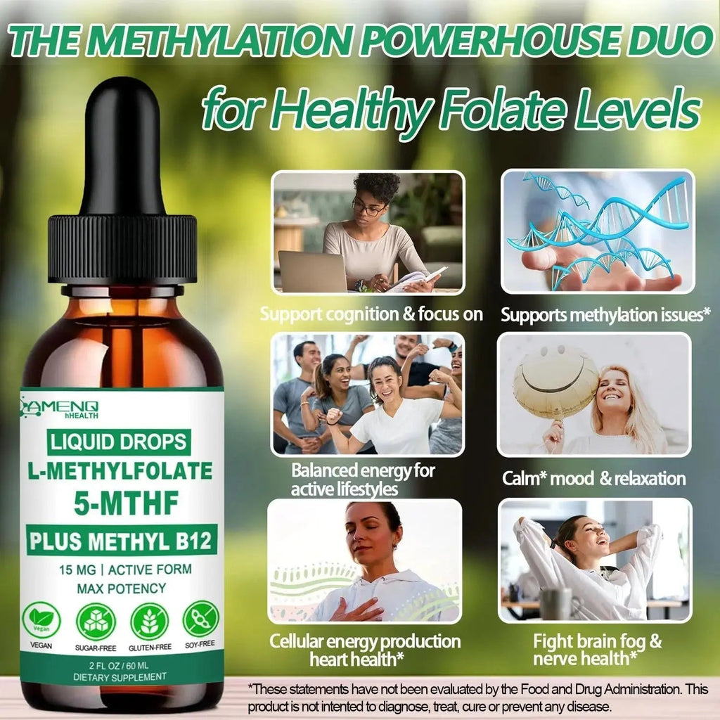 Methylfolate Supplement Liquid Drops, L Methy Folate 15mg Plus Methy B12, B6, B2 Multivitamin, Metabolically Active 5-MTHF Form AMENQ hHEALTH Au supplements