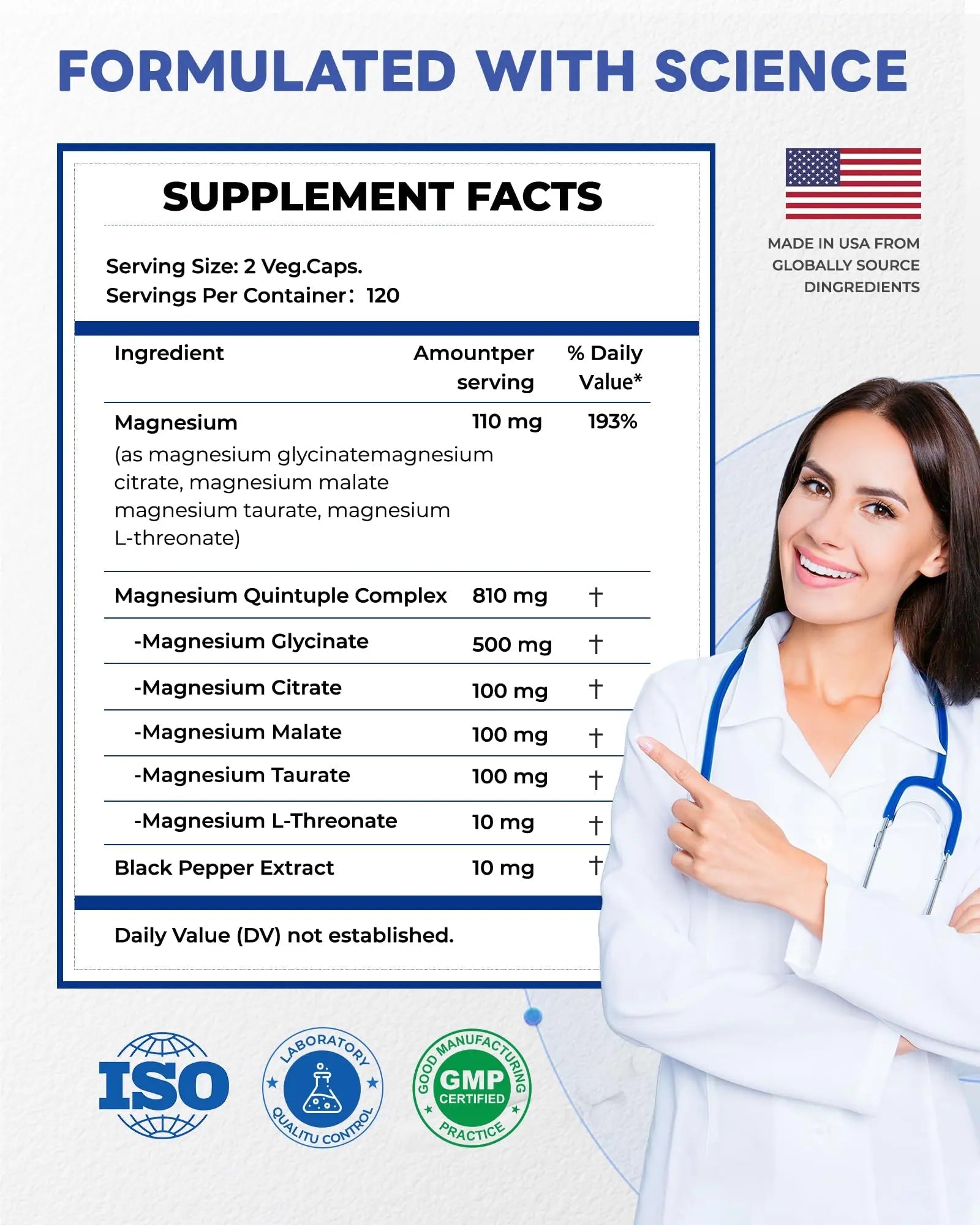 820mg Magnesium Complex 240 Veggie Capsules,for Women & Men with Magnesium Glycinate,Citrate, Malate,Taurate & L-Threonate for Sleep, Mood, Muscle Relaxation & Nerve Function Vegan Friendly, Non-GMO - TrustMedUSA