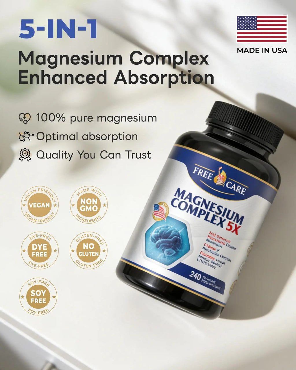 820mg Magnesium Complex 240 Veggie Capsules,for Women & Men with Magnesium Glycinate,Citrate, Malate,Taurate & L-Threonate for Sleep, Mood, Muscle Relaxation & Nerve Function Vegan Friendly, Non-GMO - TrustMedUSA