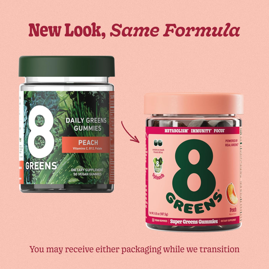 8Greens Supergreens Gummies | Super Greens Powder Superfood Gummy for Metabolism, Immunity & Focus, Digestive Health Enzymes, Organic: Chlorella, Spirulina, Aloe Vera, Peach Flavor, 200 Count - TrustMedUSA