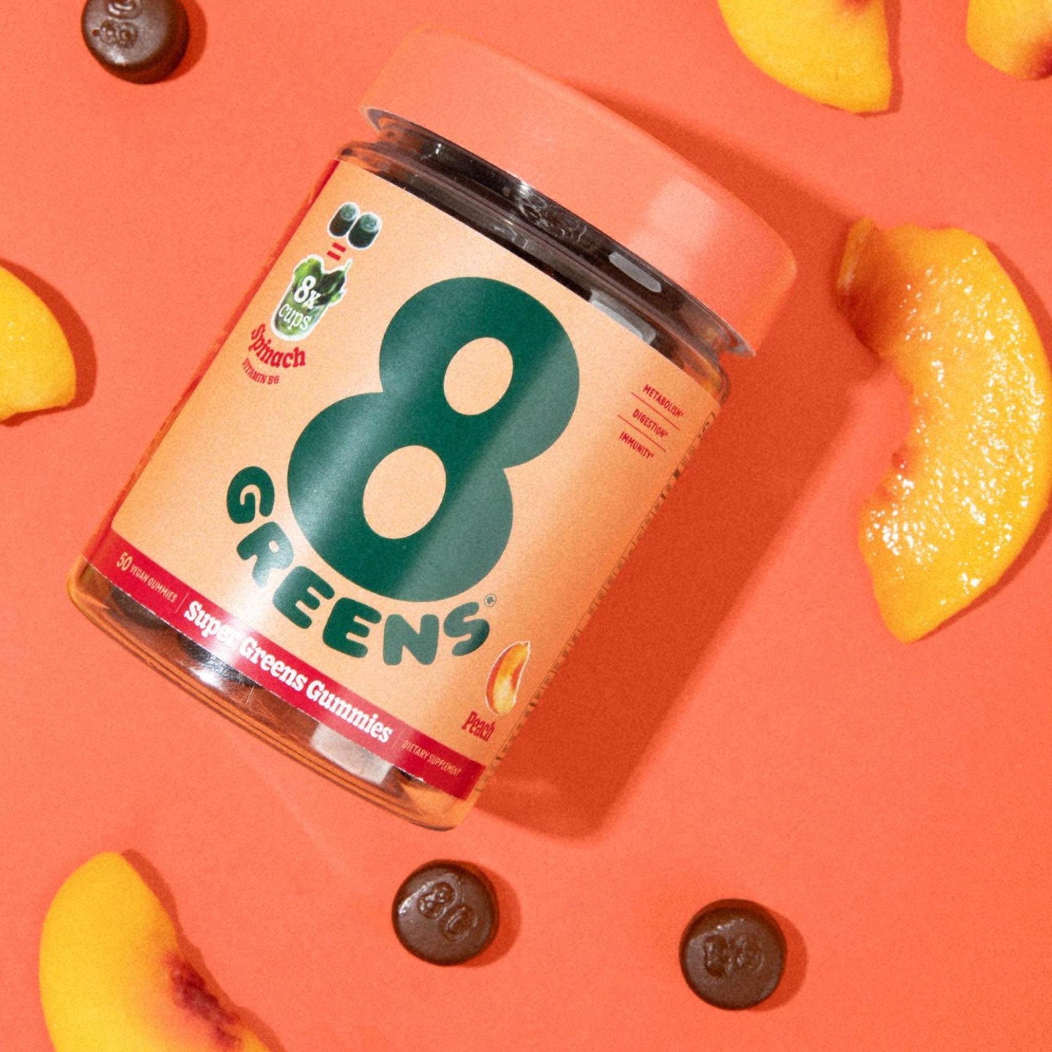 8Greens Supergreens Gummies | Super Greens Powder Superfood Gummy for Metabolism, Immunity & Focus, Digestive Health Enzymes, Organic: Chlorella, Spirulina, Aloe Vera, Peach Flavor, 200 Count - TrustMedUSA
