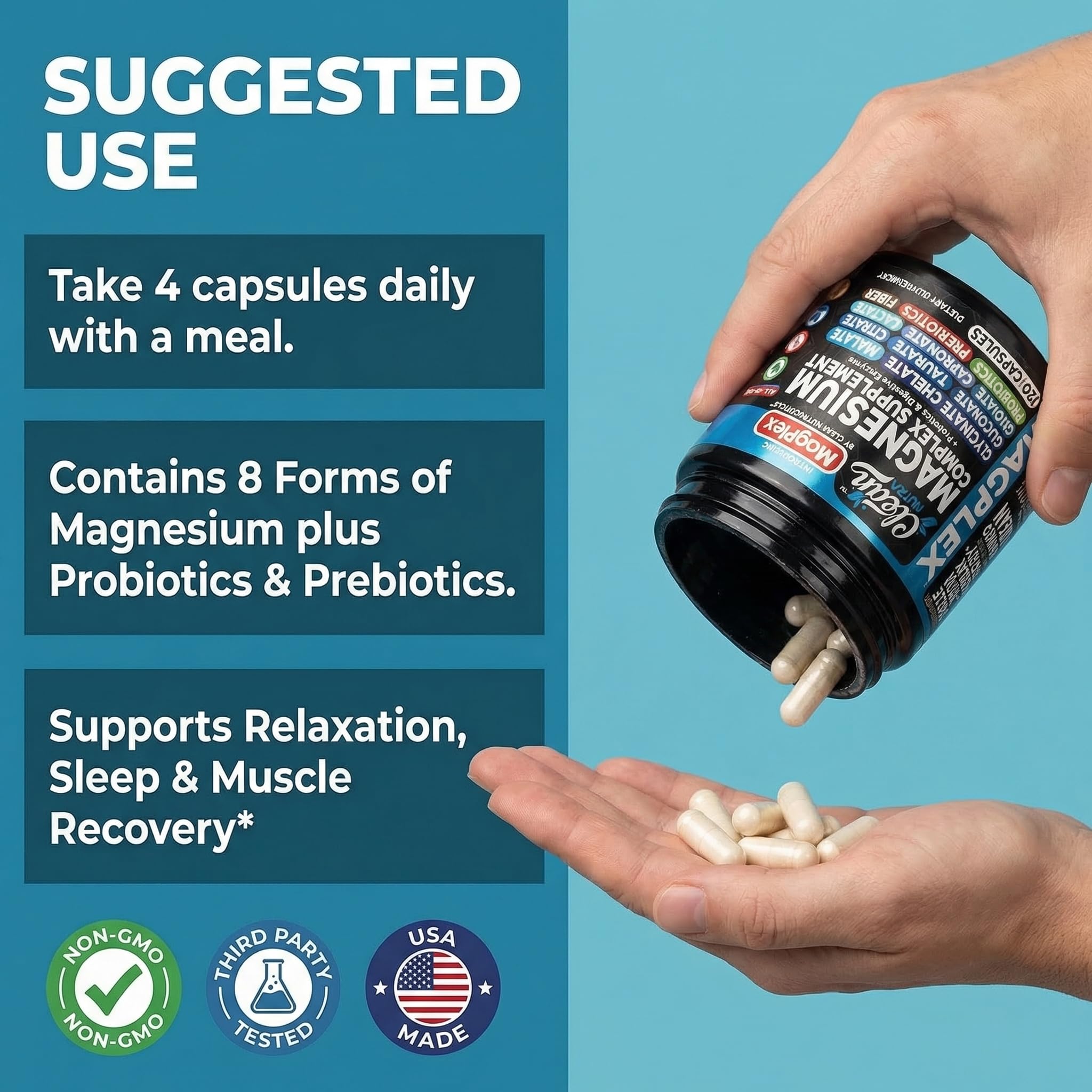 8in1 Magnesium Supplement Complex | Magnesium Glycinate Citrate Malate Gluconate Orotate Carbonate Lactate + Prebiotics Probiotics Digestive Enzymes Magnesio - TrustMedUSA