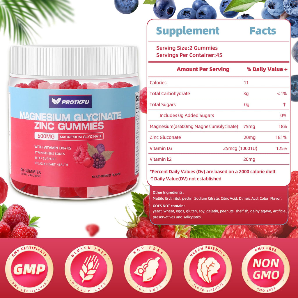 90 CT Magnesium Glycinate Gummies 600mg, Sugar Free Magnesium Gummies w/Zinc & Vitamin D3 & K2 - Magnesium Supplements for Sleep, Supports Bone Health, Nerve & Immune Function - TrustMedUSA