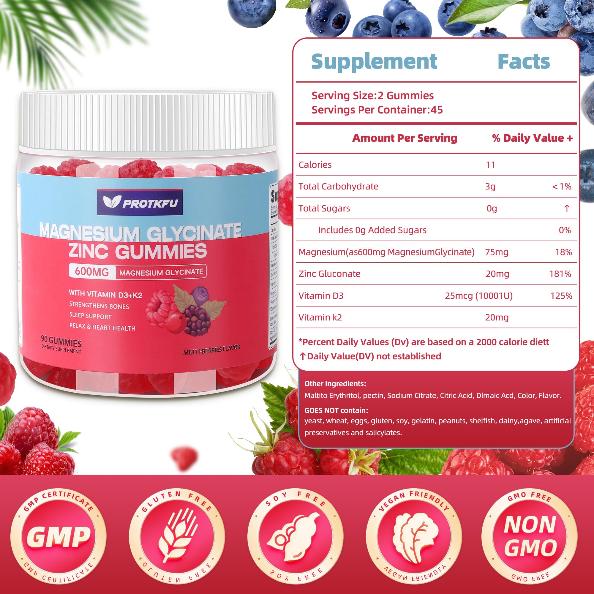90 CT Magnesium Glycinate Gummies 600mg, Sugar Free Magnesium Gummies w/Zinc & Vitamin D3 & K2 - Magnesium Supplements for Sleep, Supports Bone Health, Nerve & Immune Function - TrustMedUSA