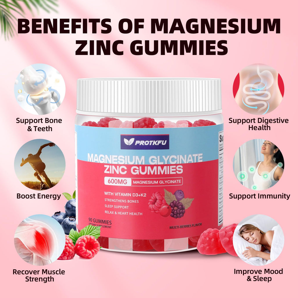 90 CT Magnesium Glycinate Gummies 600mg, Sugar Free Magnesium Gummies w/Zinc & Vitamin D3 & K2 - Magnesium Supplements for Sleep, Supports Bone Health, Nerve & Immune Function - TrustMedUSA