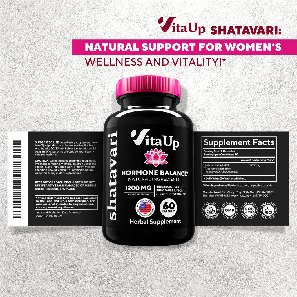 VitaUp Shatavari Capsules for Women 1200mg - USA Made Shatavari Root Supplement for Normal Hormonal Support, Menopause & Menstrual Wellness - 60 Vegan Capsules VitaUp Au supplements