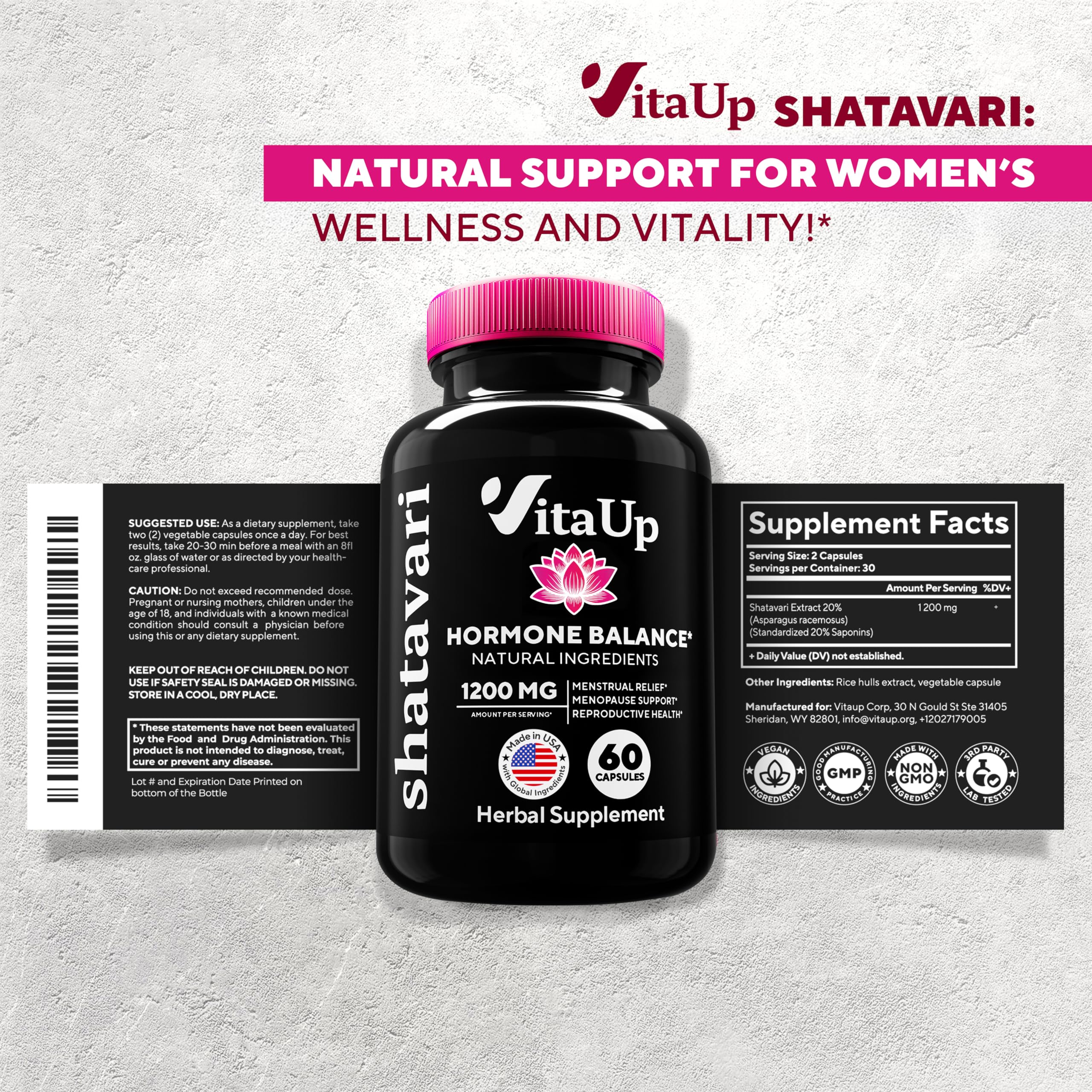 VitaUp Shatavari Capsules for Women 1200mg - USA Made Shatavari Root Supplement for Normal Hormonal Support, Menopause & Menstrual Wellness - 60 Vegan Capsules VitaUp Au supplements