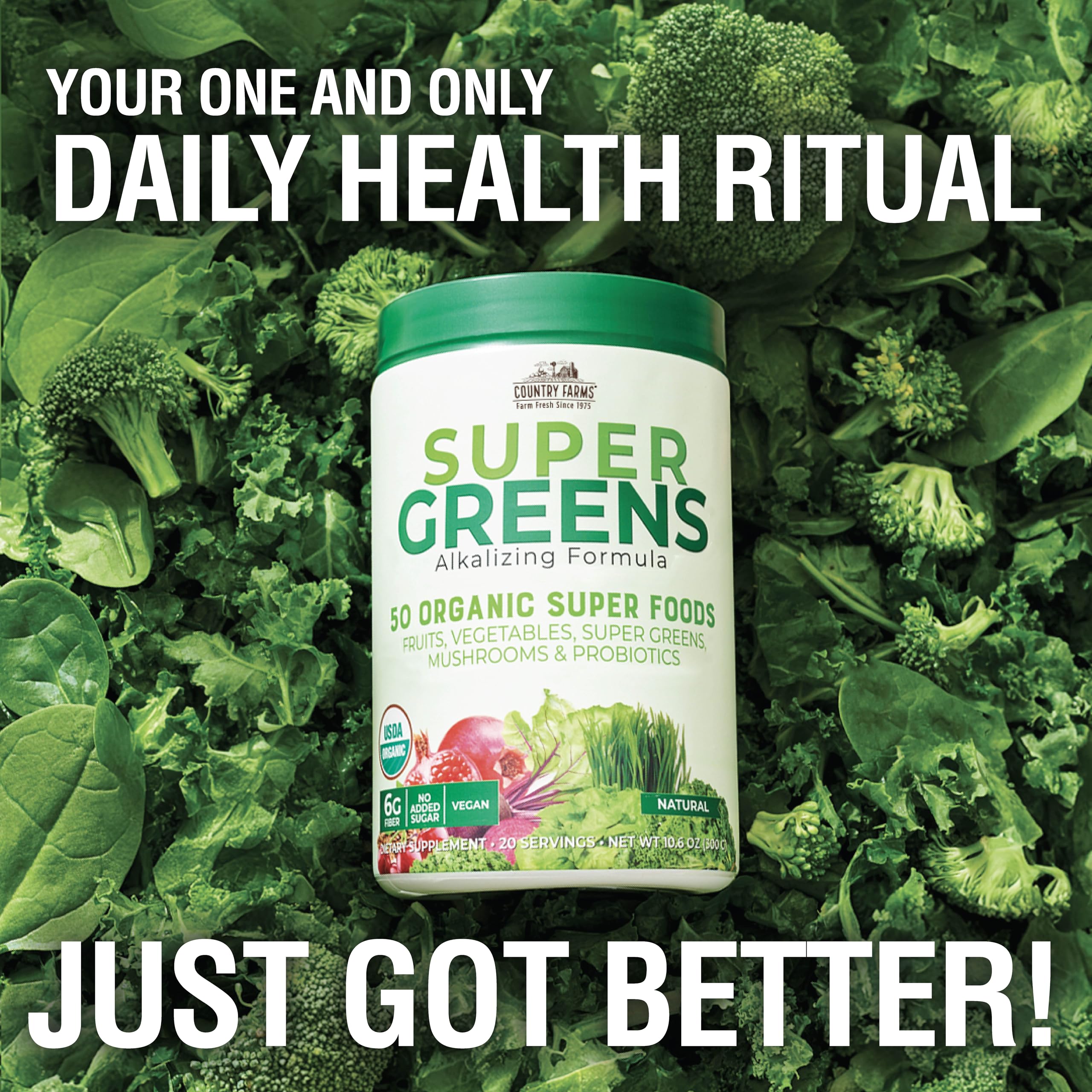 Country Farms Organic Super Greens Natural Flavor, 50 Organic Super Foods, Packed with Fiber, USDA Organic Drink Mix, Fruits, Vegetables, Mushrooms & Probiotics