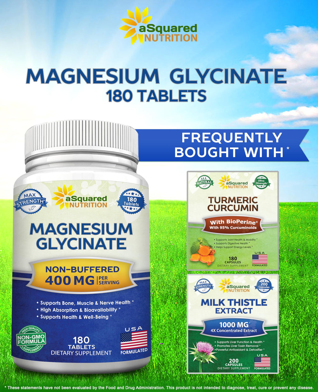 aSquared Nutrition Magnesium Glycinate 400mg - 180 Tablets - Max Strength Magnesium Bisglycinate Supplement -Maximum Bioavailability & Absorption-Non-GMO
