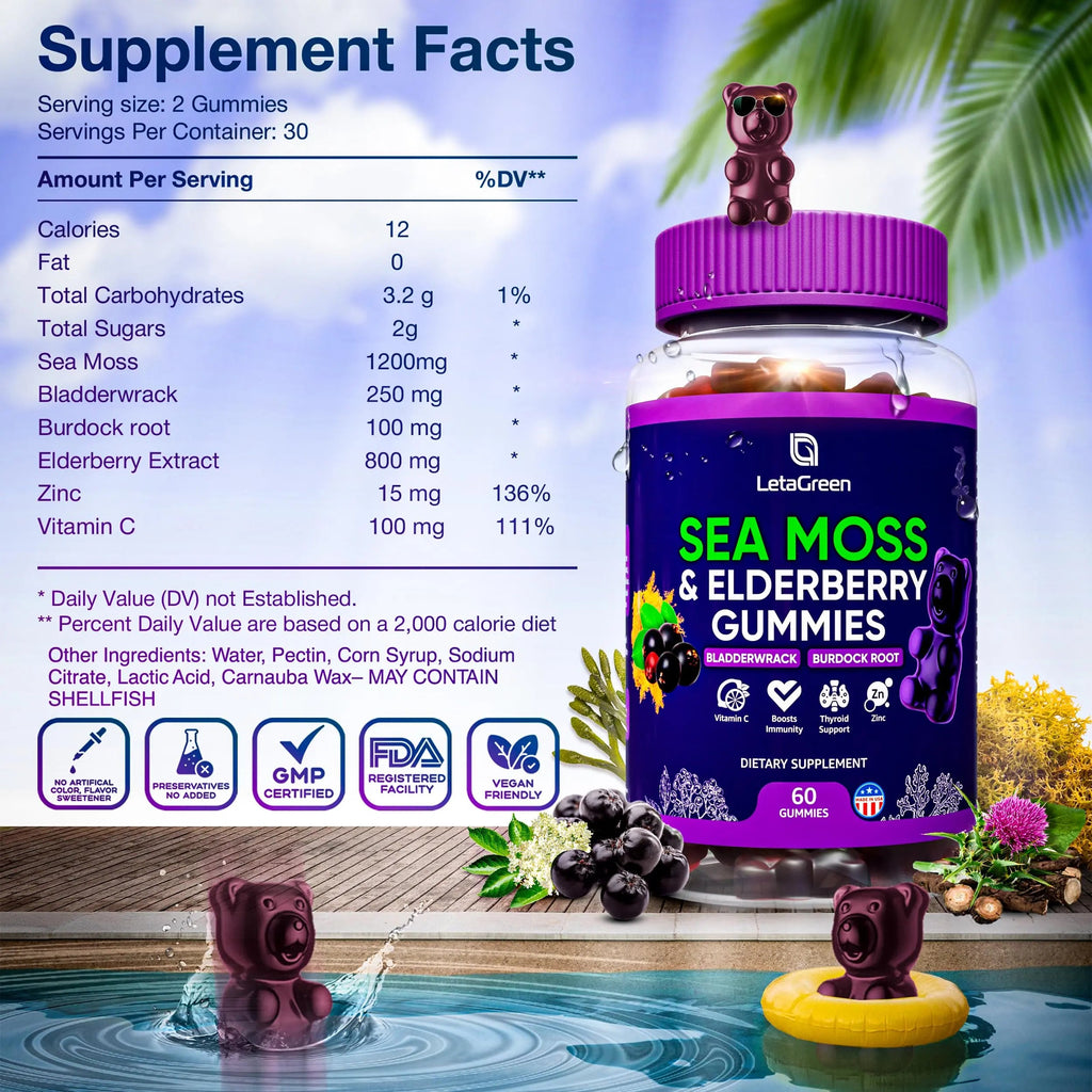LetaGreen Irish Sea Moss Gummies - 60 Vegan Seamoss Gummies Bears LetaGreen Au supplements