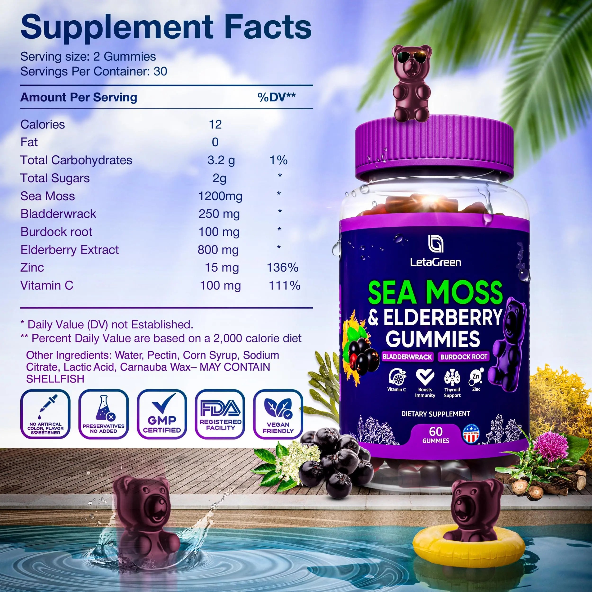LetaGreen Irish Sea Moss Gummies - 60 Vegan Seamoss Gummies Bears LetaGreen Au supplements