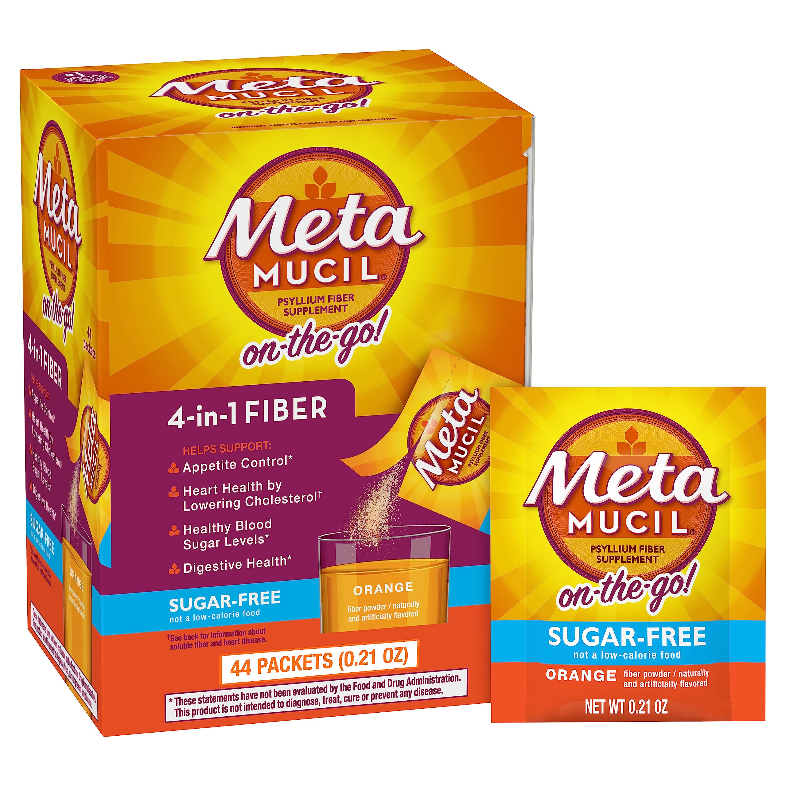 Metamucil On-the-Go Packets, Sugar-Free, 44 Packets, 4-in-1 Psyllium Husk Fiber Supplement, Orange Flavored, Individual Servings Great for Travel