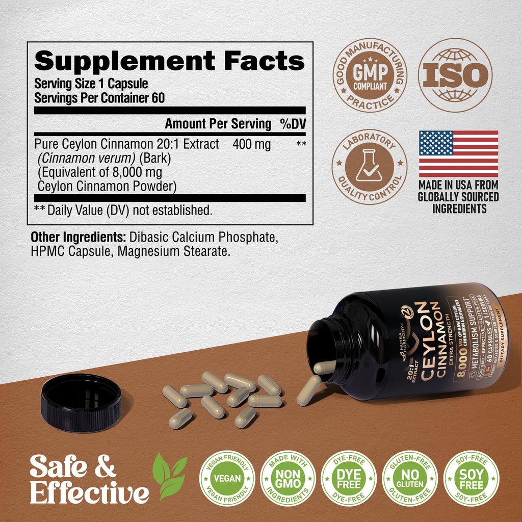 Ceylon Cinnamon Capsules - Extra Strength - Energy Heart & Metabolism Support for Men & Women - Pure Natural Cinnamon 20:1 Extract Supplement