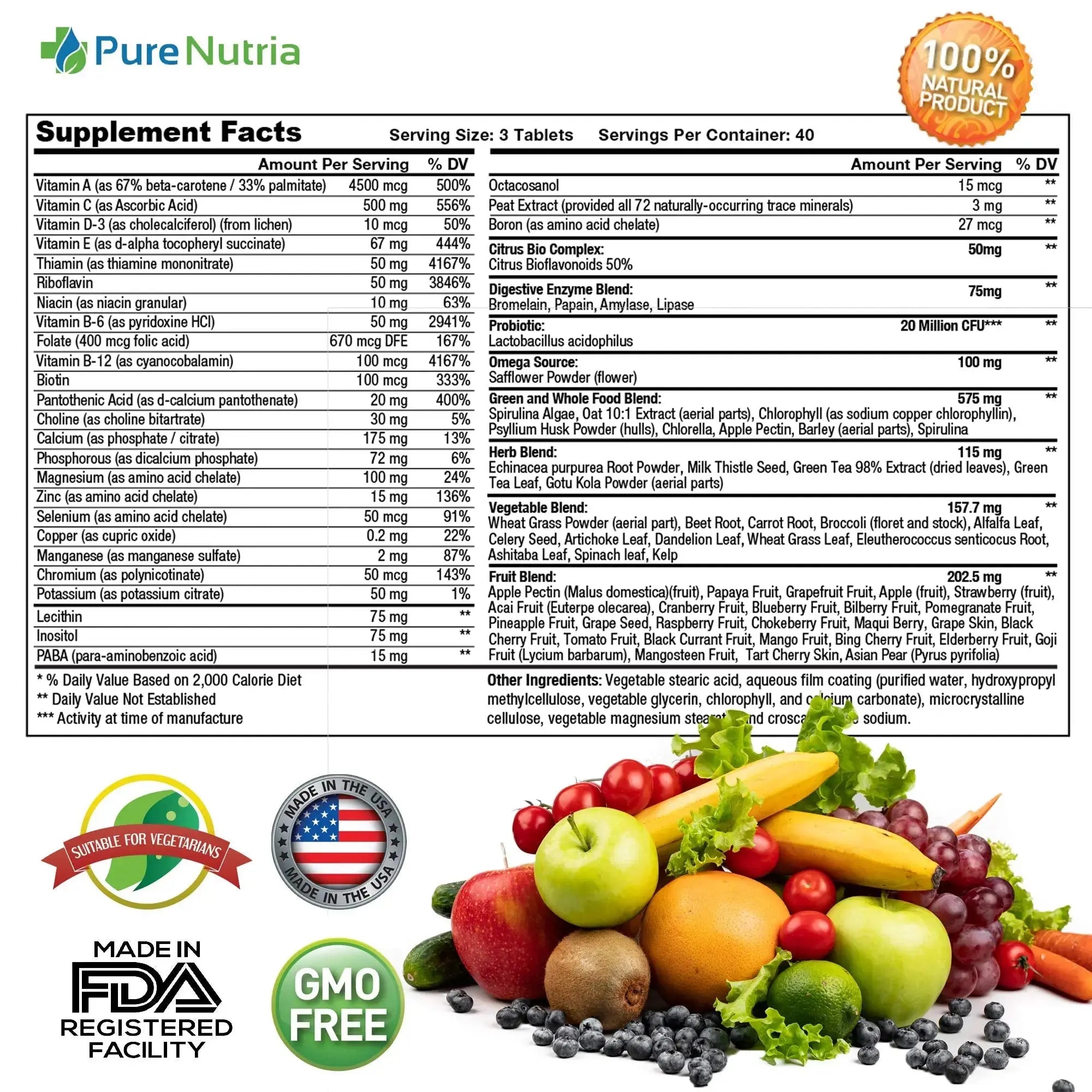 Whole Food MultiVitamin and Minerals with Probiotic Enzymes - 120 Multivitamins for Women and Men - Packed with WholeFood and Herbal Ingredients PureNutria Au supplements