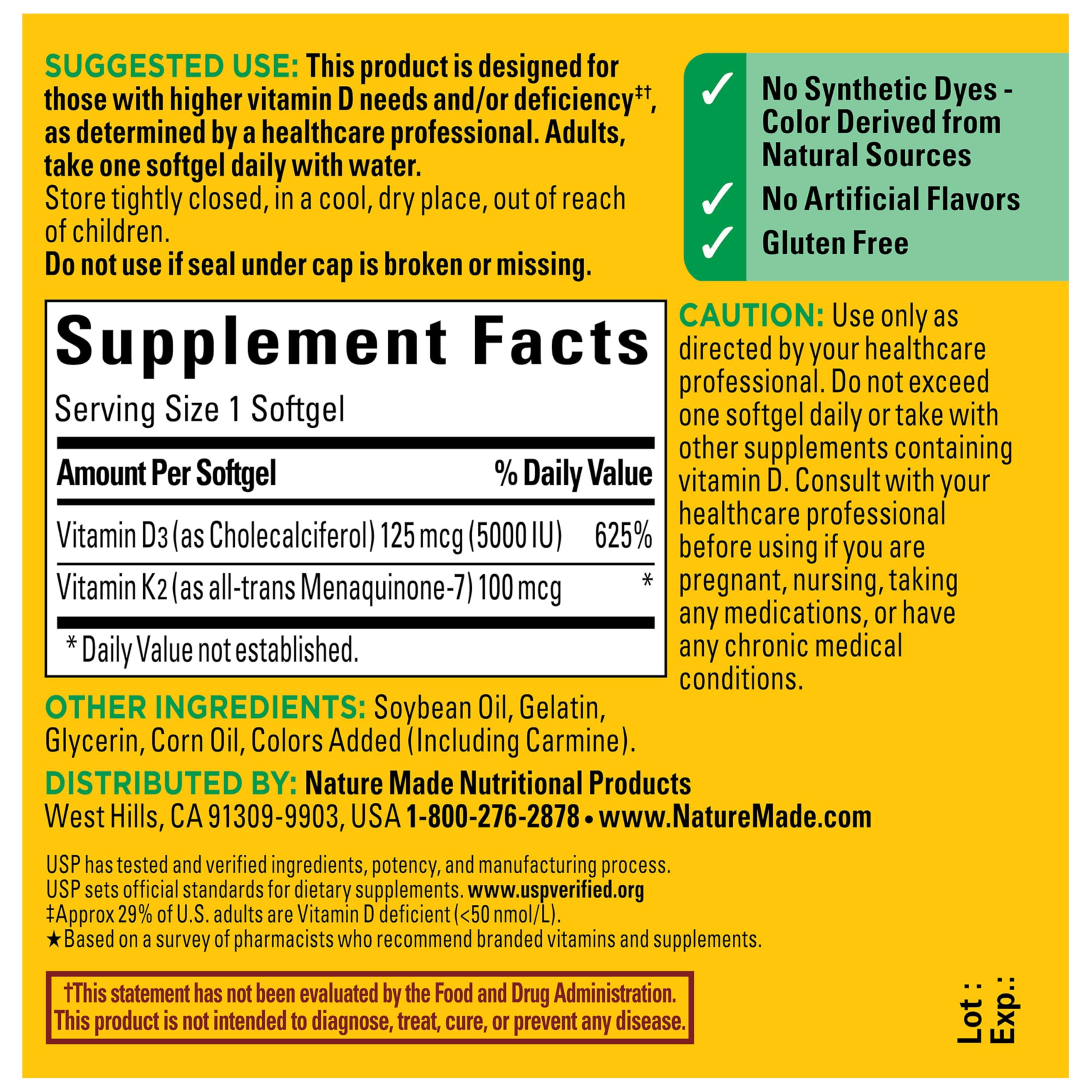 Nature Made Vitamin D3 K2 Supplement, 5000 IU (125 mcg) Vitamin D for Bone, Teeth, Muscle and Immune Support