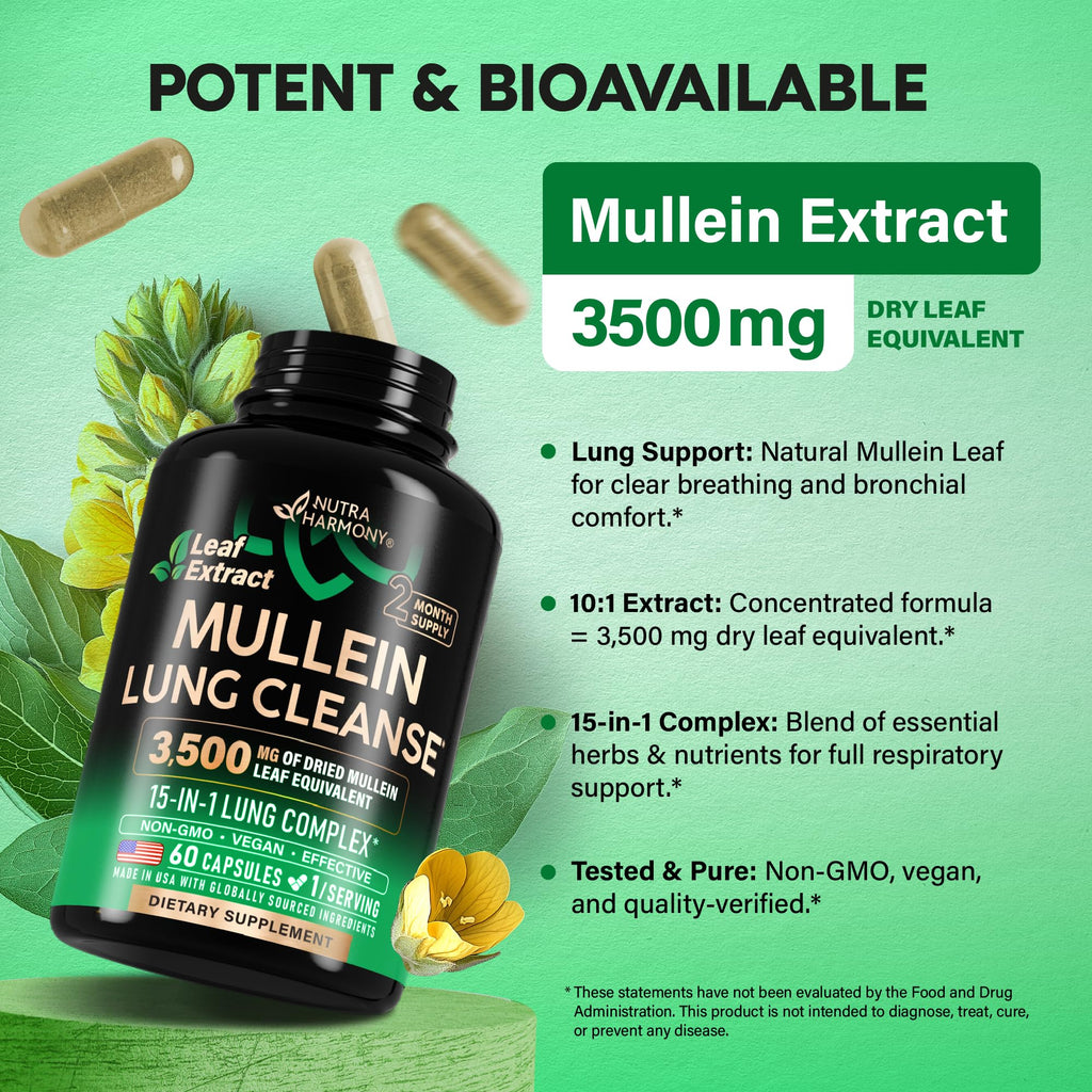 Mullein Lung Detox - Mullein Leaf Extract - Marshmallow Root | Echinacea | Oregano | Quercetin | NAC - 15-in-1 Lung Support & Cleanse for Smokers Supplement