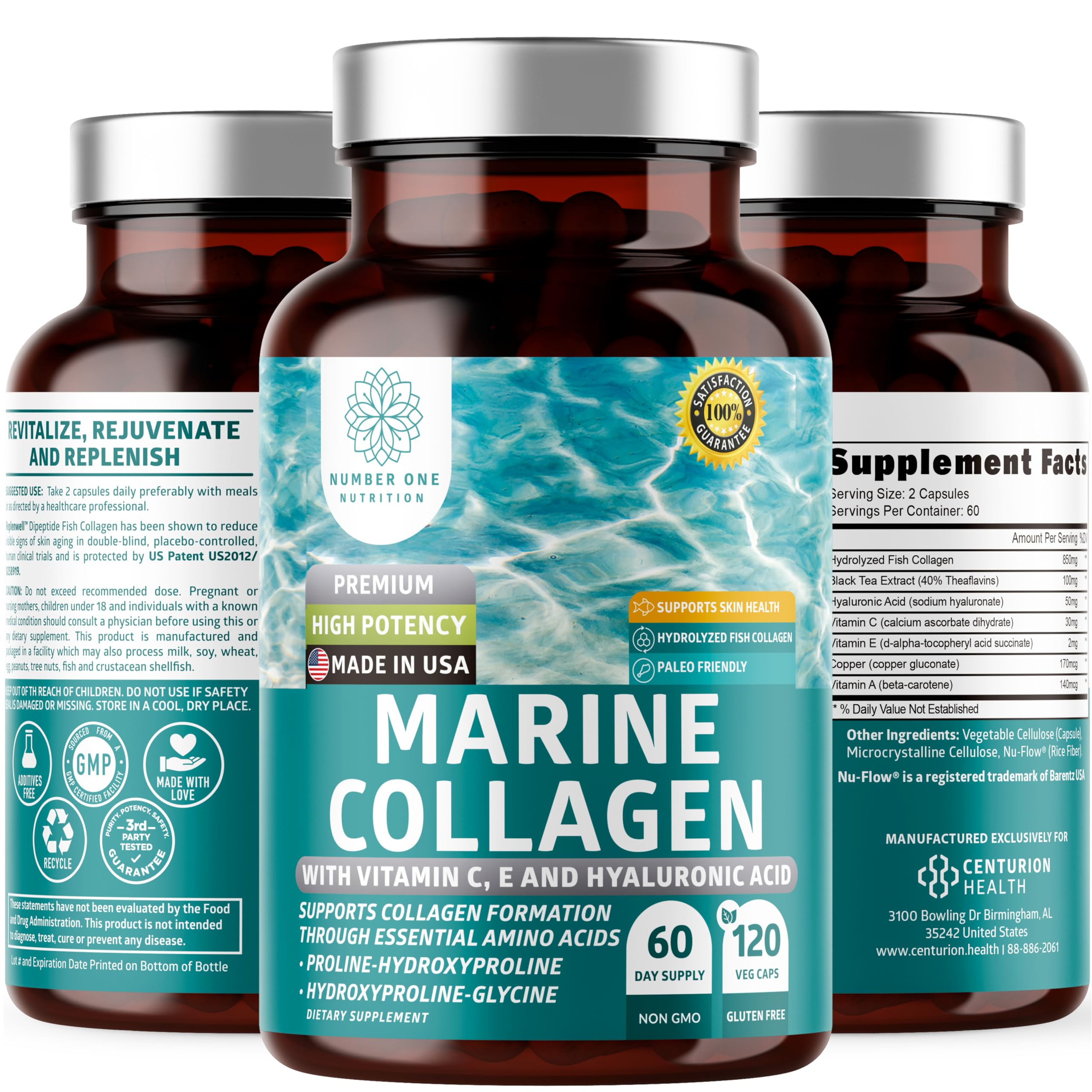 Hydrolyzed Marine Collagen with Hyaluronic Acid, Vitamin C, Theaflavin and Copper, Collagen Supplement for Women and Men for Radiant Skin, Hair & Nails,