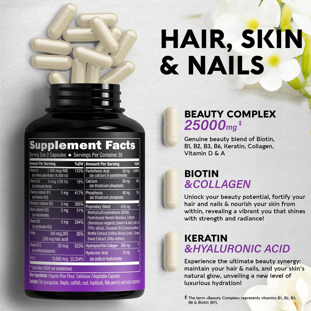 Biotin | Collagen | Keratin | Hyaluronic Acid - Hair Growth Support Pills, 25000 mcg NUTRAHARMONY Au supplements