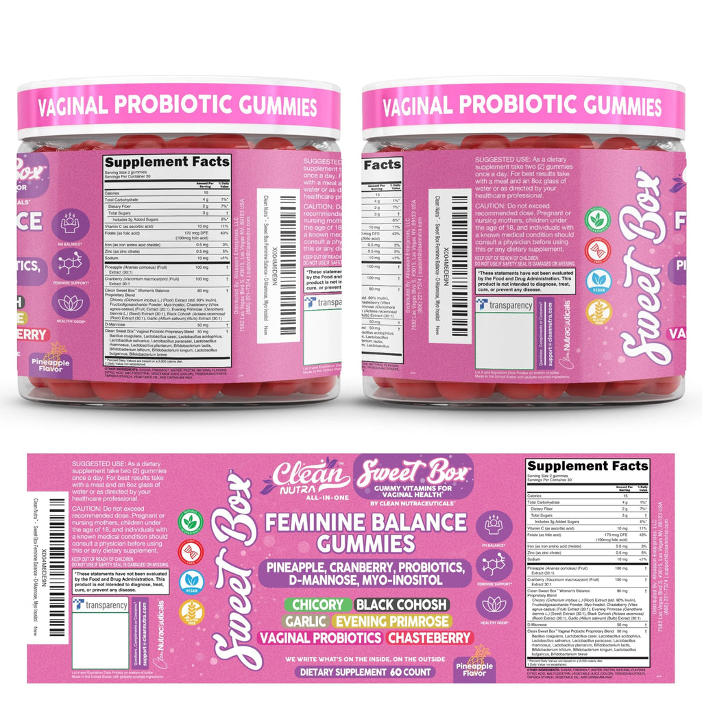 Clean Nutra Feminine Balance Gummies for Women Pineapple VaginalProbiotics pH Balance Cranberry D Mannose Supplement Inositol Black Cohosh Evening Primrose Garlic Vitex GLA Prebiotics Folate 60ct Clean Nutraceuticals Au supplements