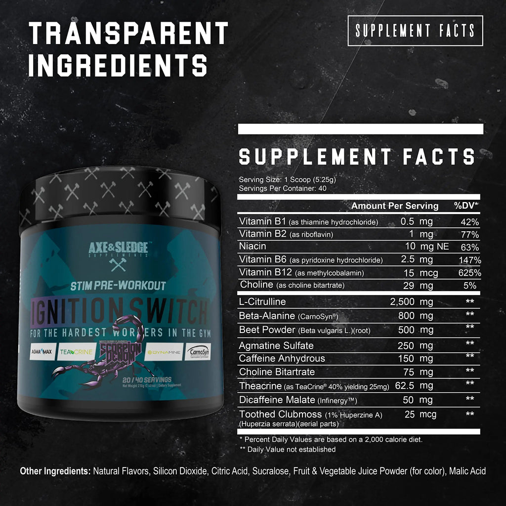 Ignition Switch Pre-Workout with CarnoSyn, TeaCrine, Infinergy, and AgmaMax, Long Lasting Axe & Sledge Au supplements