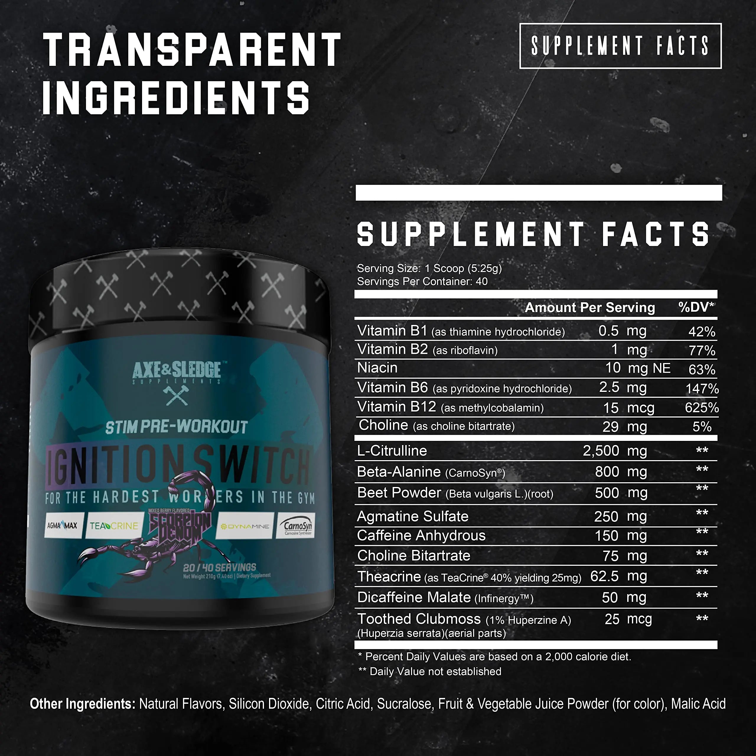 Ignition Switch Pre-Workout with CarnoSyn, TeaCrine, Infinergy, and AgmaMax, Long Lasting Axe & Sledge Au supplements