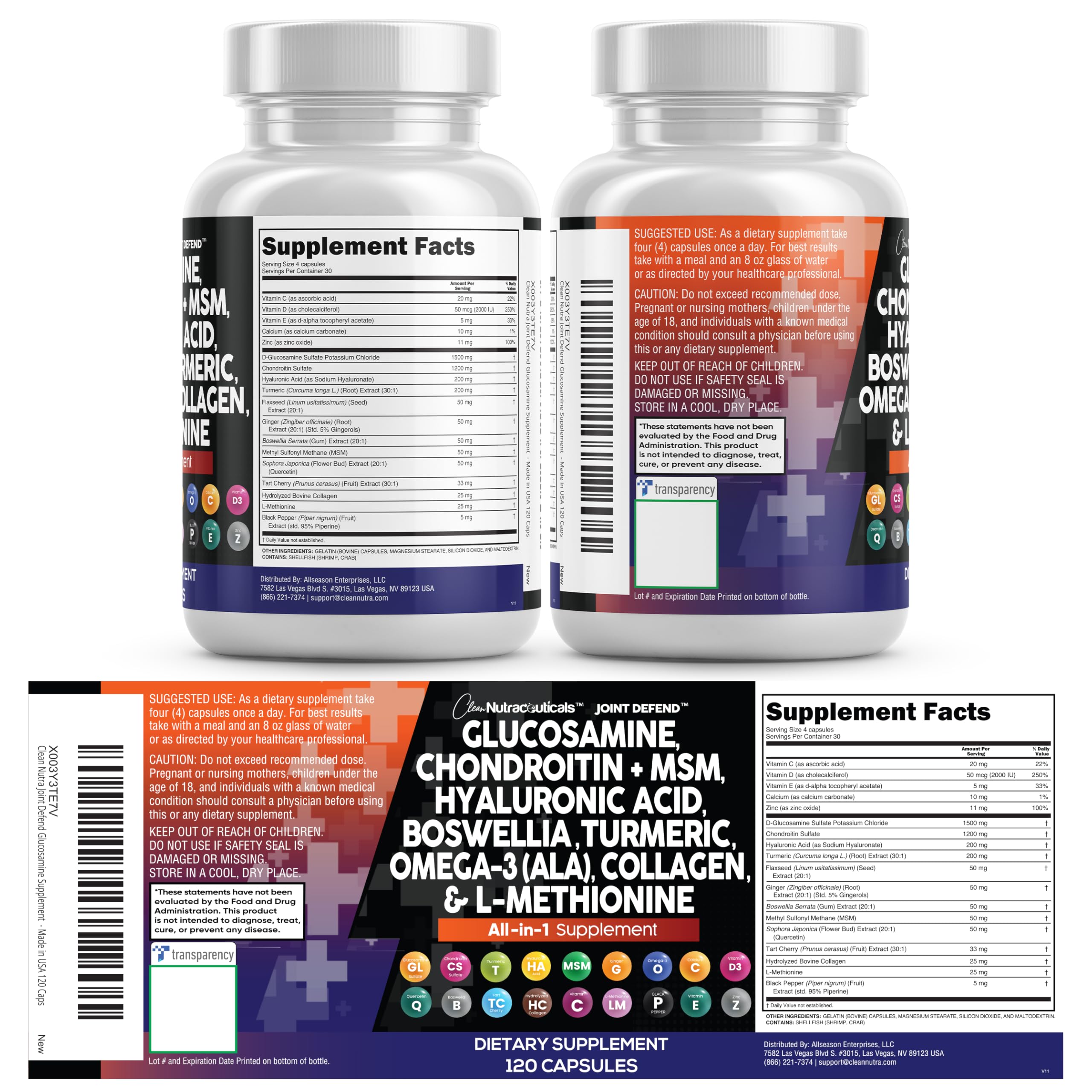 Clean Nutraceuticals Glucosamine 1500mg Chondroitin 1200mg MSM with Turmeric Curcumin, Collagen, Hyaluronic Acid, Omega 3 – Joint Health Supplement for Men & Women