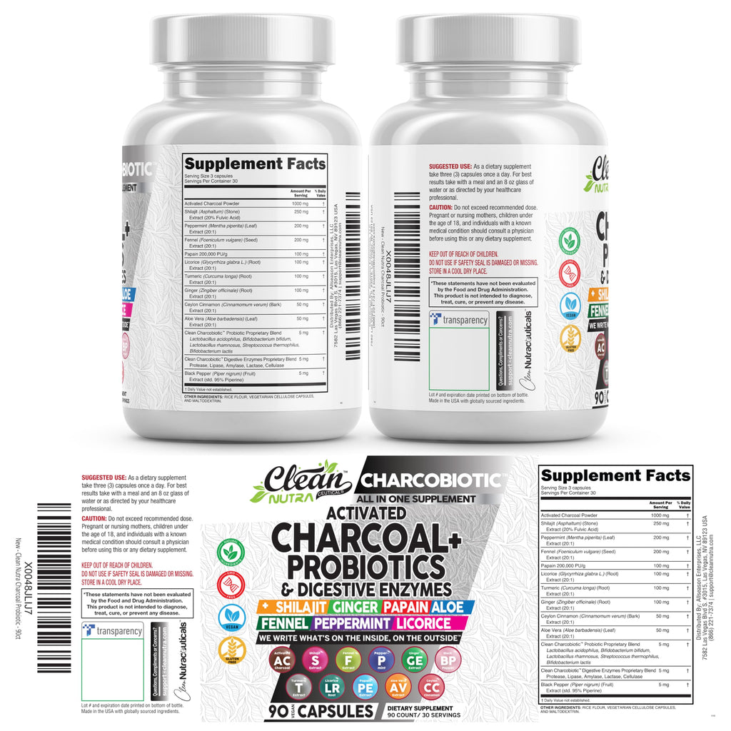 Clean Nutra Activated Charcoal Pills + Shilajit Probiotic Digestive Enzymes for Digestive Health Capsules with Peppermint Fennel Licorice Papain Ginger Turmeric Powder | Gut Health Clean Nutraceuticals Au supplements