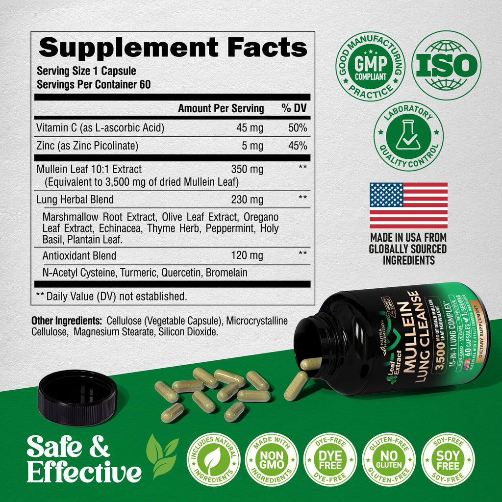 Mullein Lung Detox - Mullein Leaf Extract - Marshmallow Root | Echinacea | Oregano | Quercetin | NAC - 15-in-1 Lung Support & Cleanse for Smokers Supplement