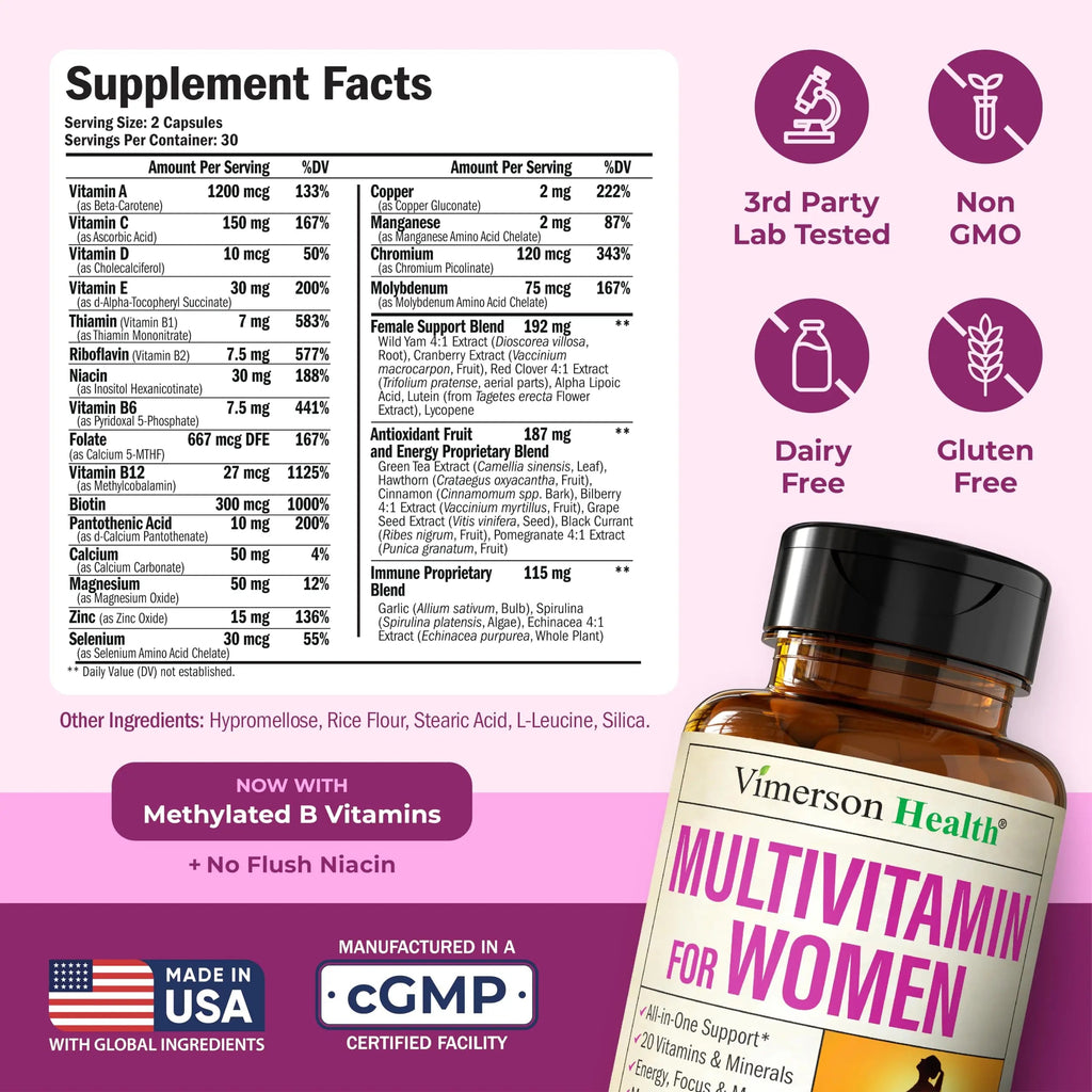 Multivitamin for Women – Methylated Womens Multivitamins & Multiminerals Capsules with Vitamin B12, A, D, C, Zinc, Magnesium Vimerson Health Au supplements