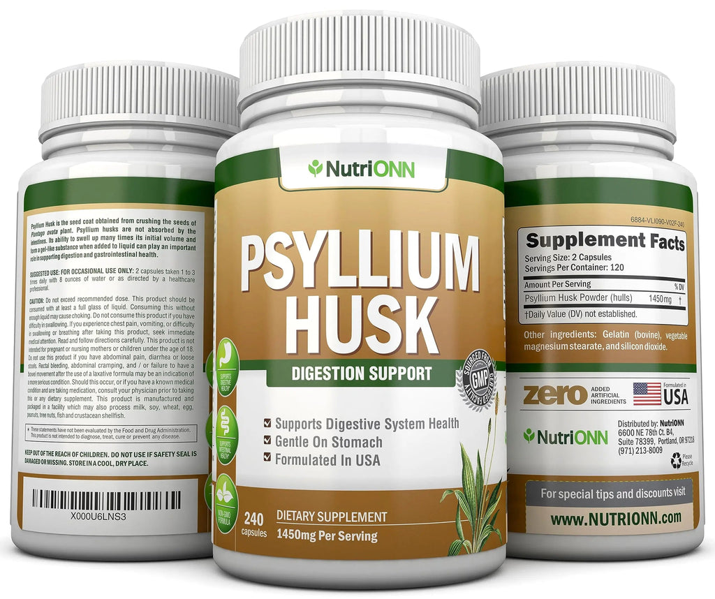 NutriONN PSYLLIUM Husk Capsules - 1450mg Per Serving - 240 Capsules - Double Strength NutriONN Au supplements