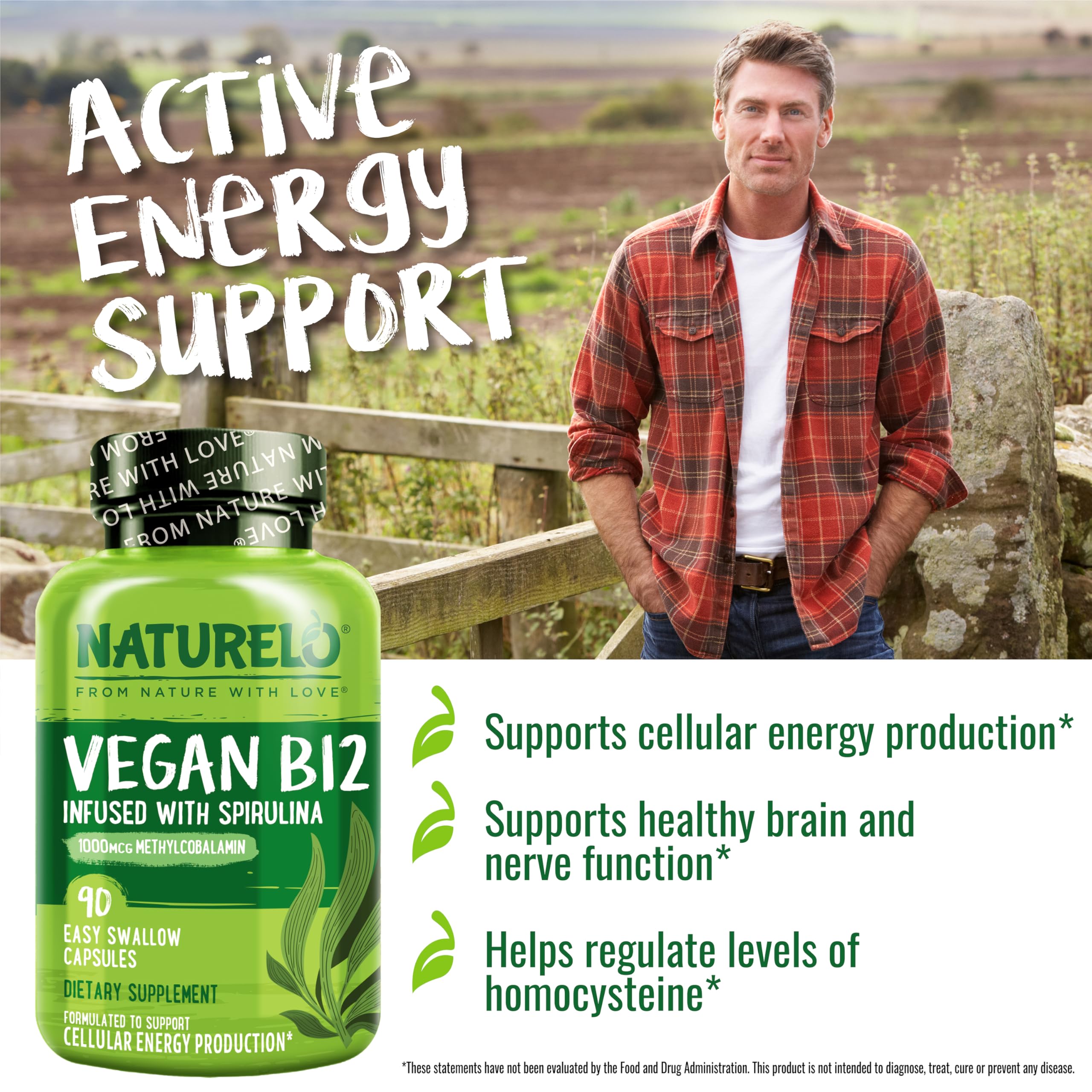 NATURELO Vegan B12 - Methyl B12 with Organic Spirulina - High Potency Vitamin B12 1000 mcg Methylcobalamin - Supports Healthy Mood