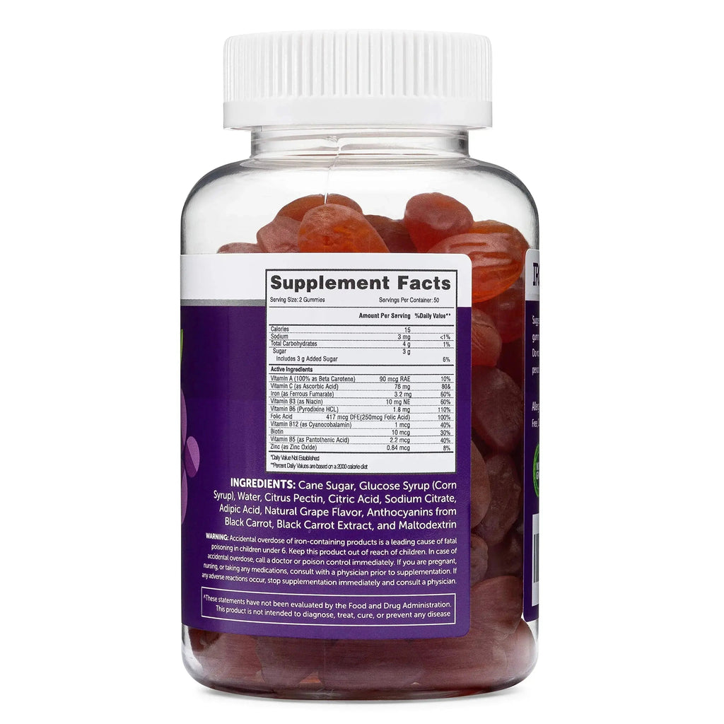 Iron Gummies for Adults and Kids, Chewable Multivitamin Supplement with Iron, Vitamin C, A, B, Zinc, Folic Acid, and Biotin (Grape Flavored) Vegan Safe Herbatech Supplements Au supplements