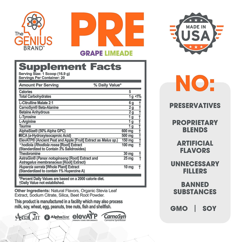 Genius Pre Workout Powder, Grape Limeade - All-Natural Nootropic Pre-workout The Genius Brand Au supplements