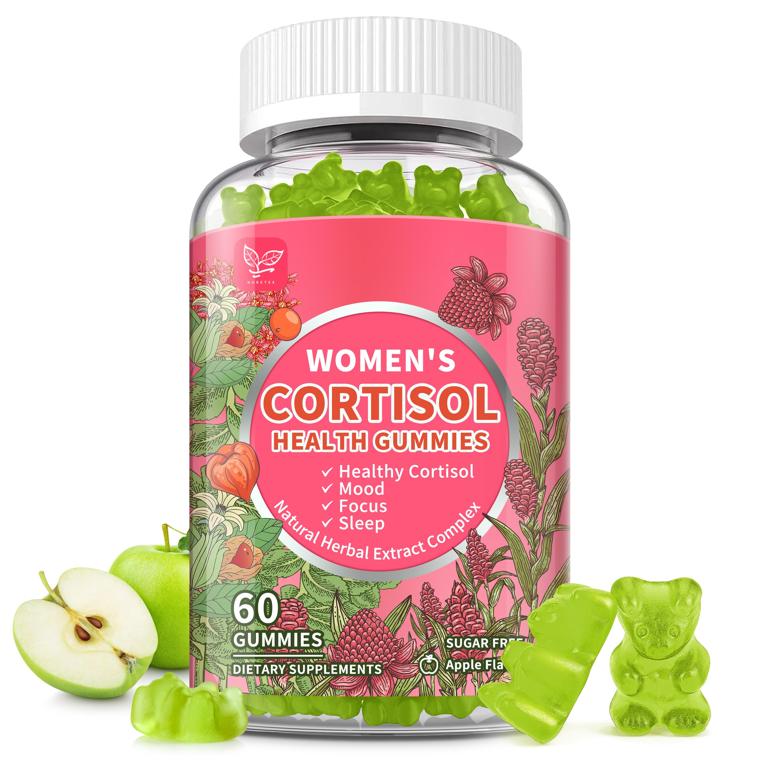 Cortisol Gummies for Women,Cortisol Manager with Ashwagandha,Magnesium,L-theanine,Phosphatidylserine,Rhodiola Rosea,Black Pepper for Mood Support,Adrenal Balance,Sleep,Vegan,Apple Flavor,60 Count Hudetex Au supplements