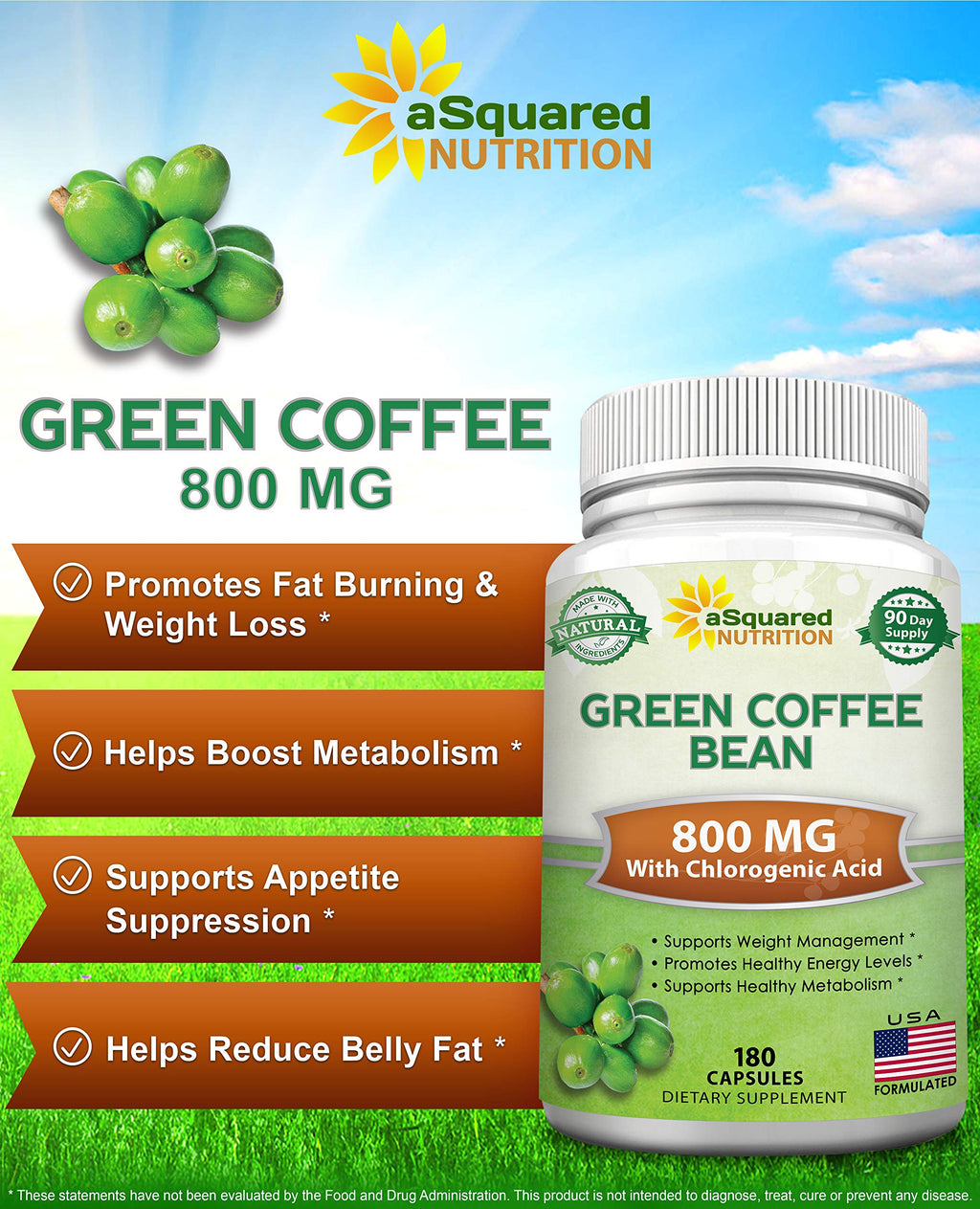 aSquared Nutrition Natural Green Coffee Bean Formula-180 Capsules-Max Strength GCA aSquared Nutrition Au supplements