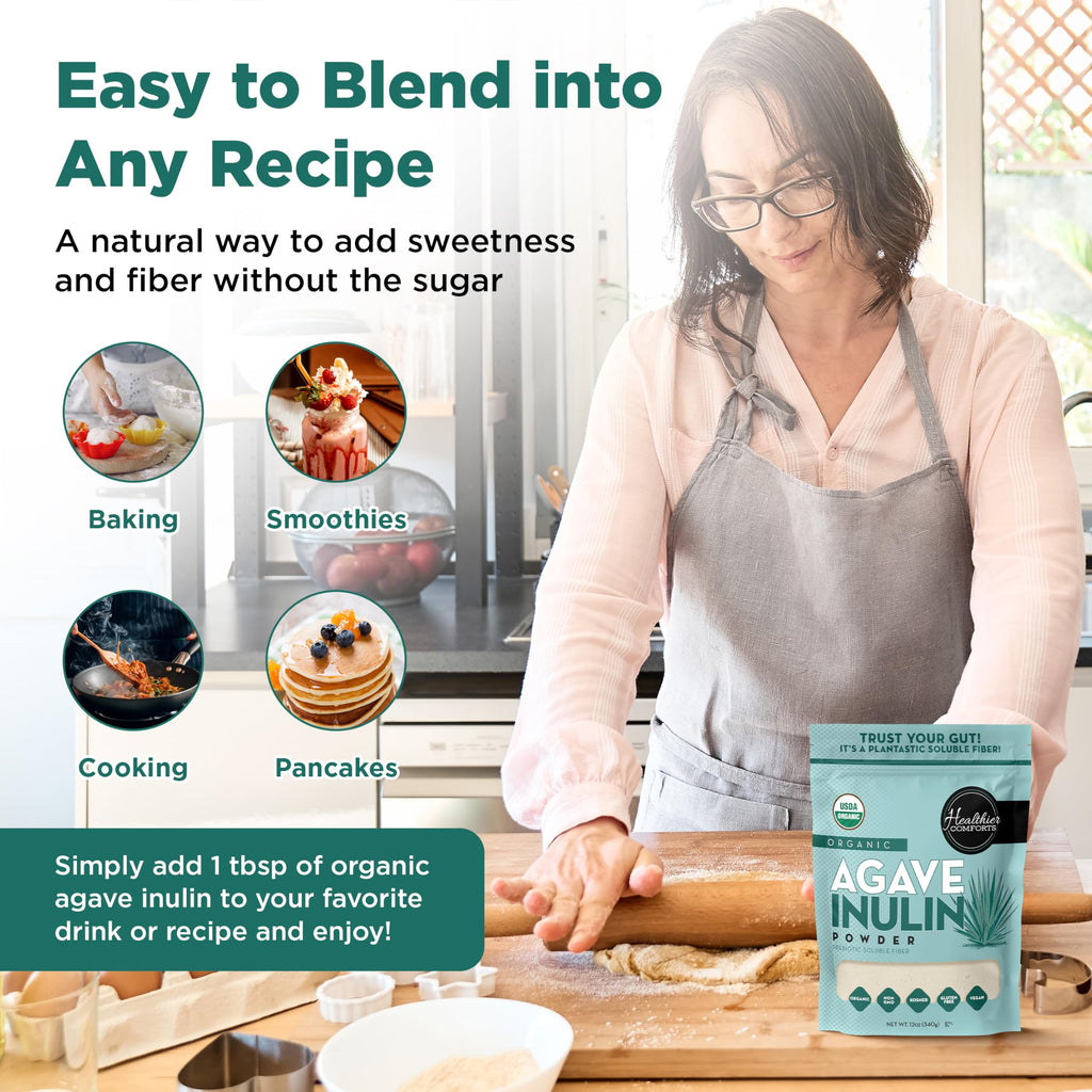 Healthier Comforts Organic Inulin Powder (12 oz) from Blue Agave | Soluble Prebiotic Fiber, Gentle on Digestion, Non-GMO | Perfect for Coffee, Baking & Cooking