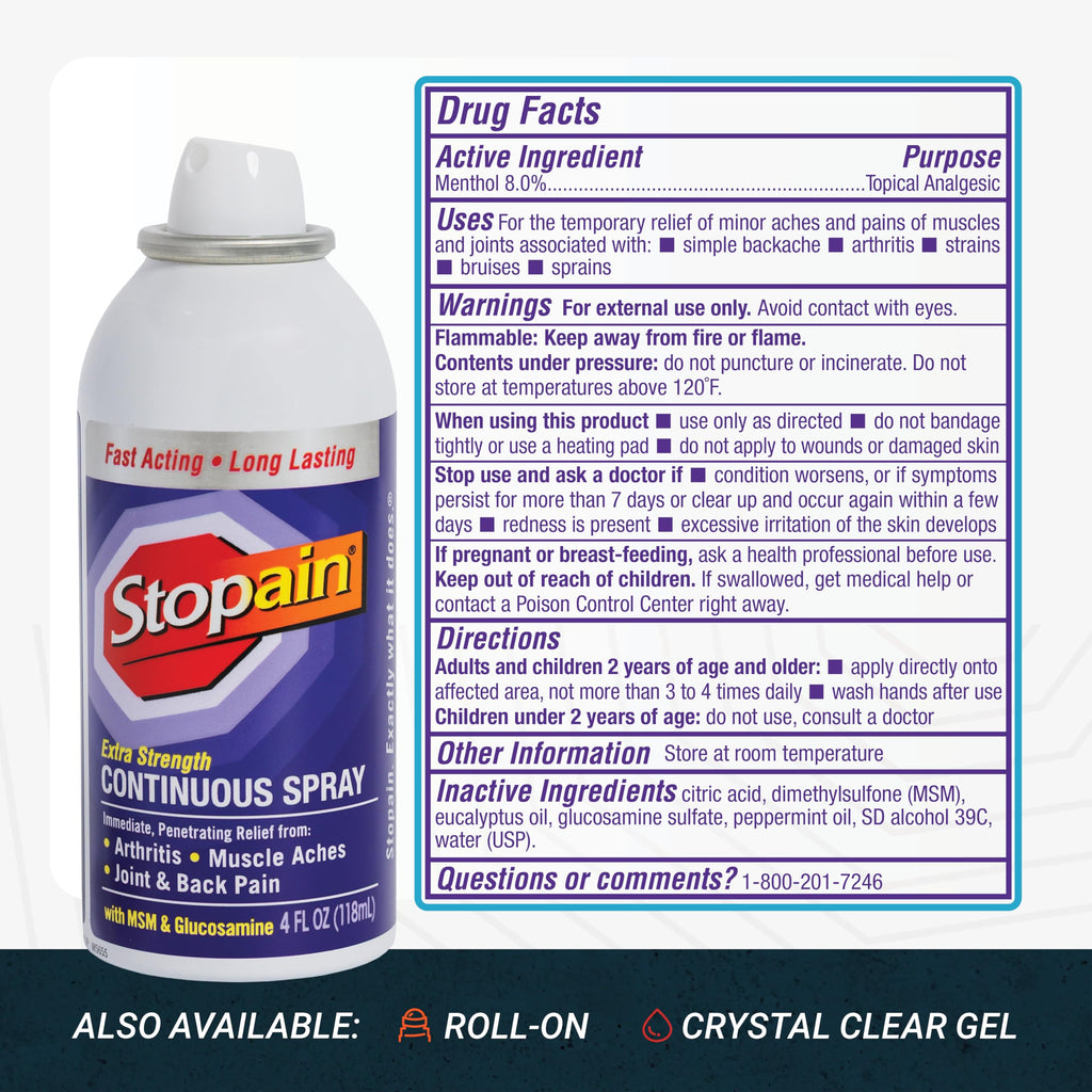 Stopain Pain Relief Spray 4oz, USA Made, Max Strength Fast Acting with Menthol, MSM, Glucosamine for Lower Back, Arthritis, Knee, Neck, Joints, HSA FSA Approved OTC Topical Analgesic Product Stopain Au supplements