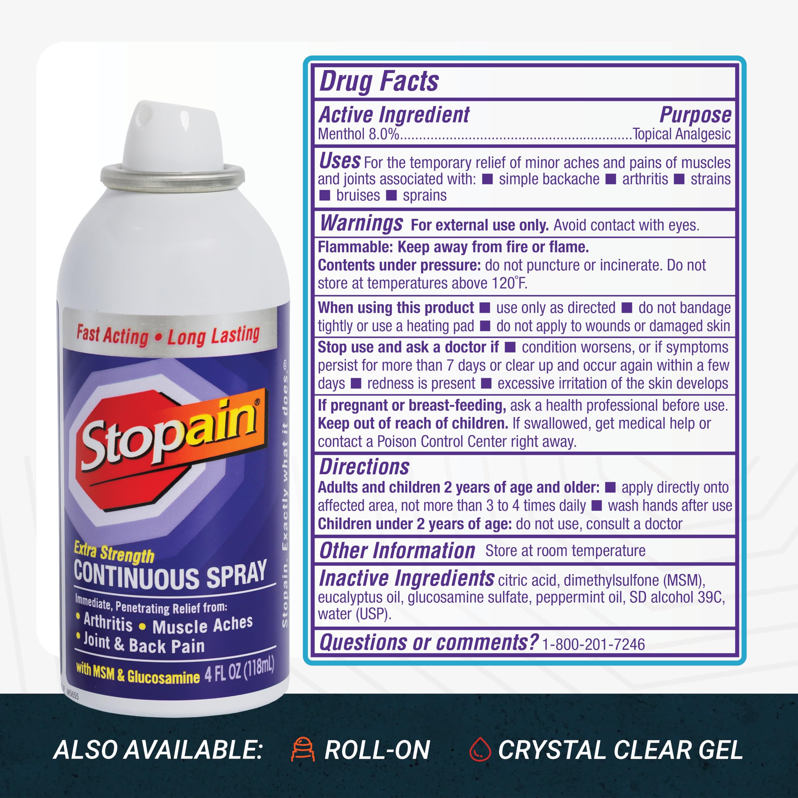 Stopain Pain Relief Spray 4oz, USA Made, Max Strength Fast Acting with Menthol, MSM, Glucosamine for Lower Back, Arthritis, Knee, Neck, Joints, HSA FSA Approved OTC Topical Analgesic Product Stopain Au supplements