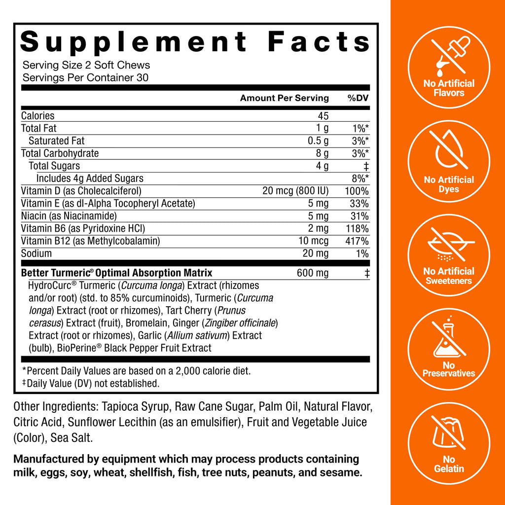 FORCE FACTOR Better Turmeric Supplement 400mg with Black Pepper & Ginger, Extra Strength Joint Support, Superior Absorption
