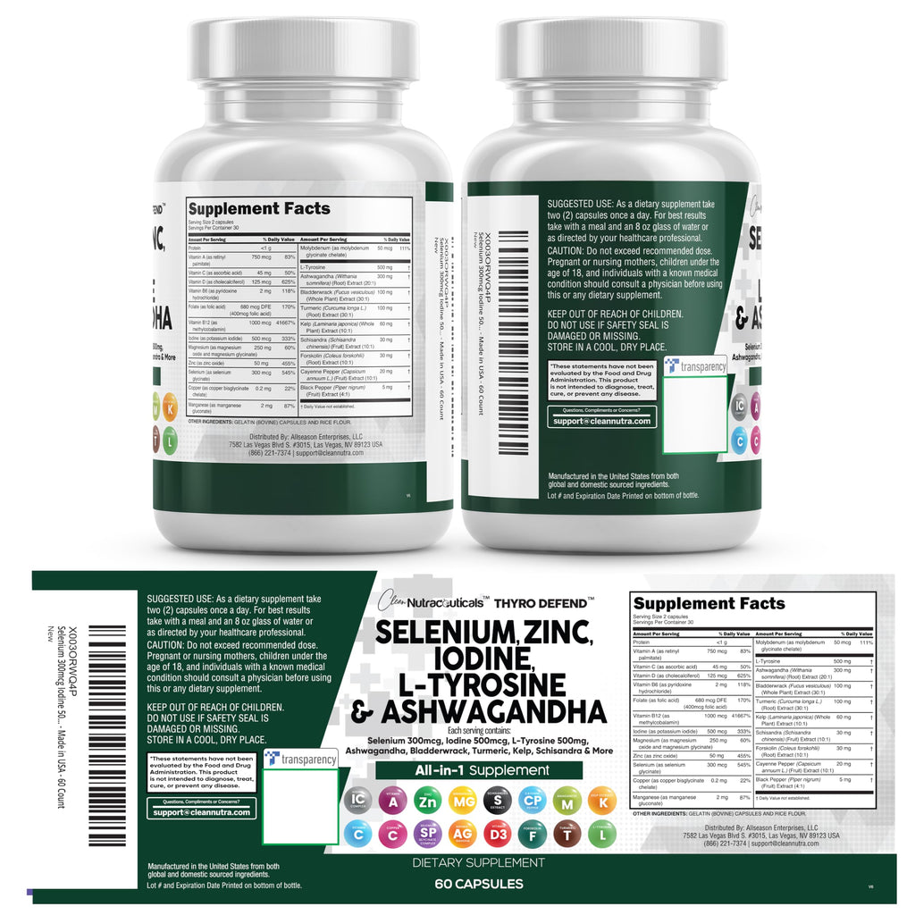 Clean Nutra Selenium 300mcg Iodine 500mcg Thyroid Support for Women & Men | L Tyrosine 500mg Ashwagandha Supplement Bladderwrack, Turmeric, Kelp, Schisandra Zinc Pills Capsule Supplements Clean Nutraceuticals Au supplements