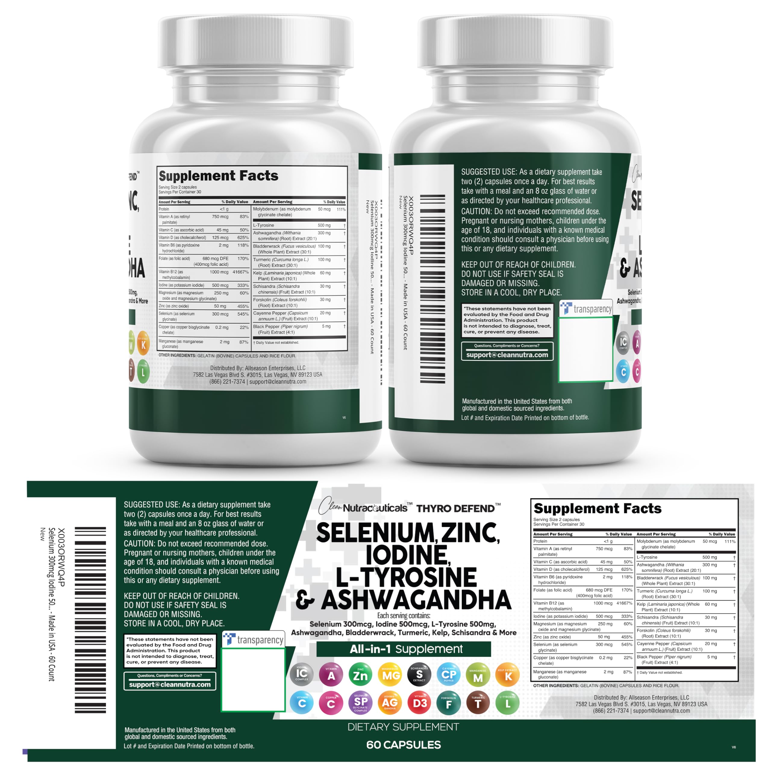 Clean Nutra Selenium 300mcg Iodine 500mcg Thyroid Support for Women & Men | L Tyrosine 500mg Ashwagandha Supplement Bladderwrack, Turmeric, Kelp, Schisandra Zinc Pills Capsule Supplements Clean Nutraceuticals Au supplements