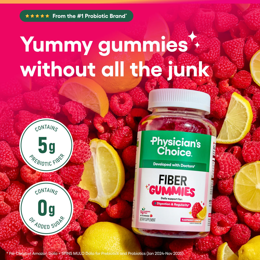 Physician’s Choice Fiber Gummies for Digestive Health & Regularity - Raspberry Lemon Flavor - No Sugar Added & Vegan - Natural Chicory Root Prebiotic Fiber