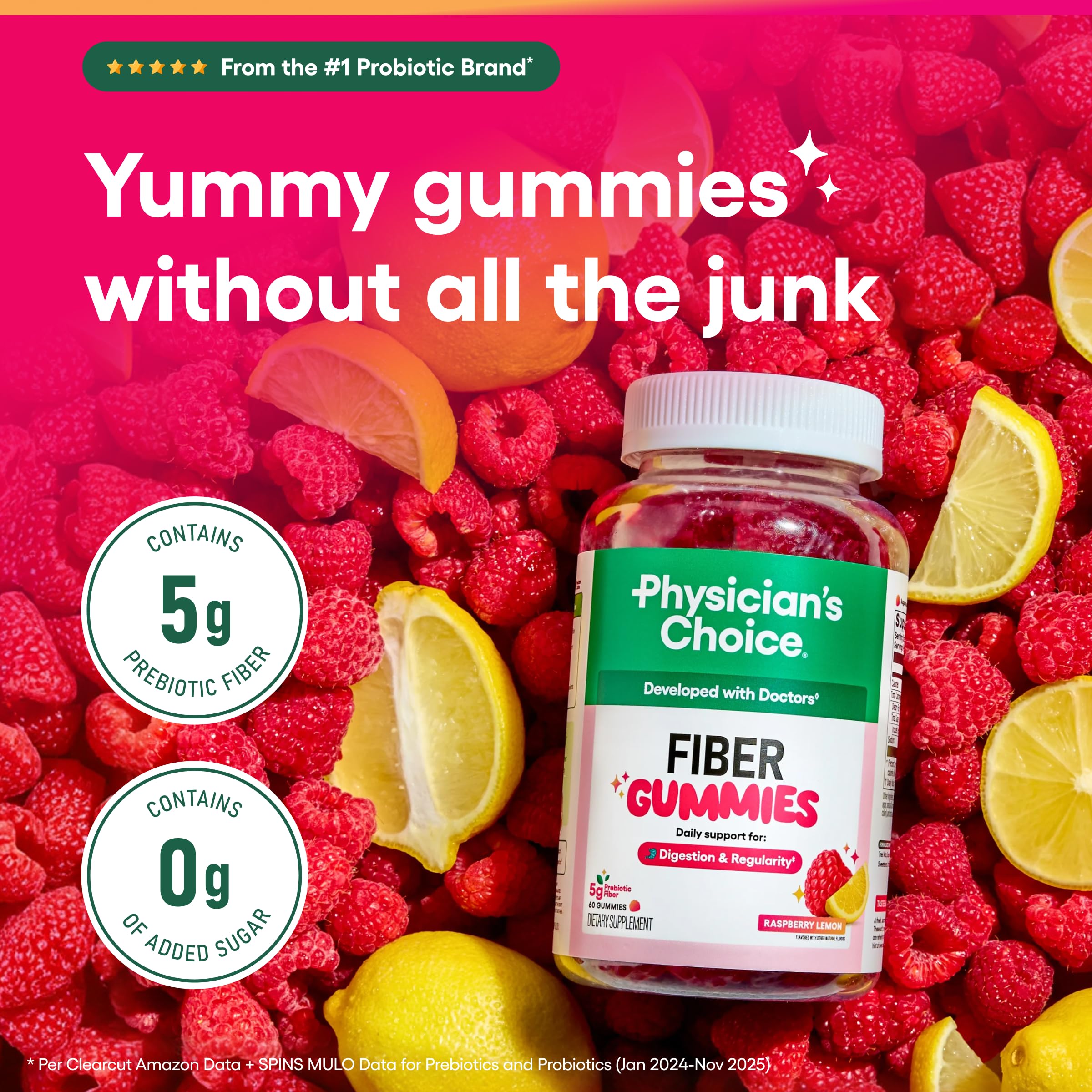 Physician’s Choice Fiber Gummies for Digestive Health & Regularity - Raspberry Lemon Flavor - No Sugar Added & Vegan - Natural Chicory Root Prebiotic Fiber