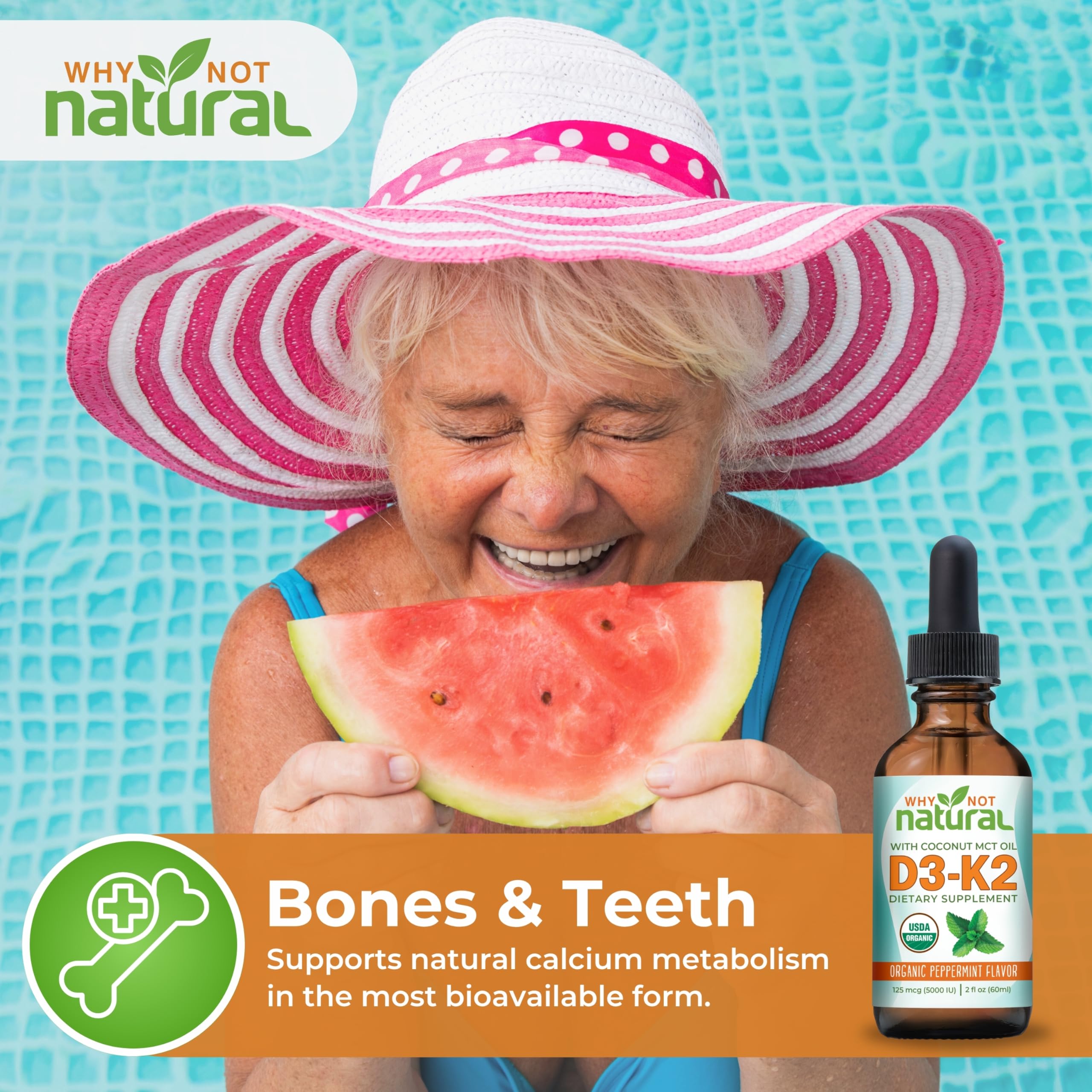 Why Not Natural Organic Vitamin D3 K2 (MK-7) Liquid Drops, 5000 IU of sublingual D3 with Coconut MCT Oil