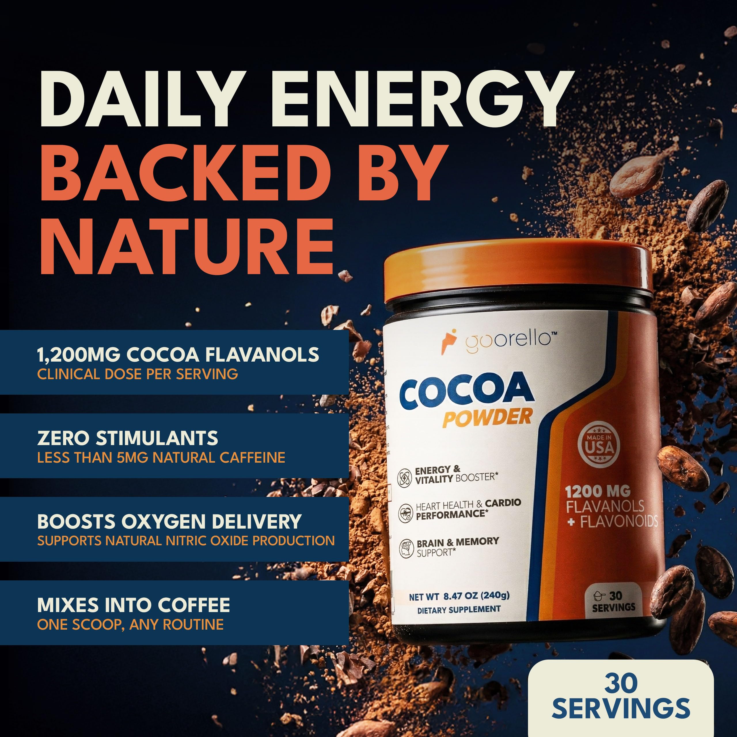 goorello High Flavanol Cocoa Powder Supplement, 1200mg Cocoa Flavanols & Flavonoids, 30 Servings for Support Heart Health,